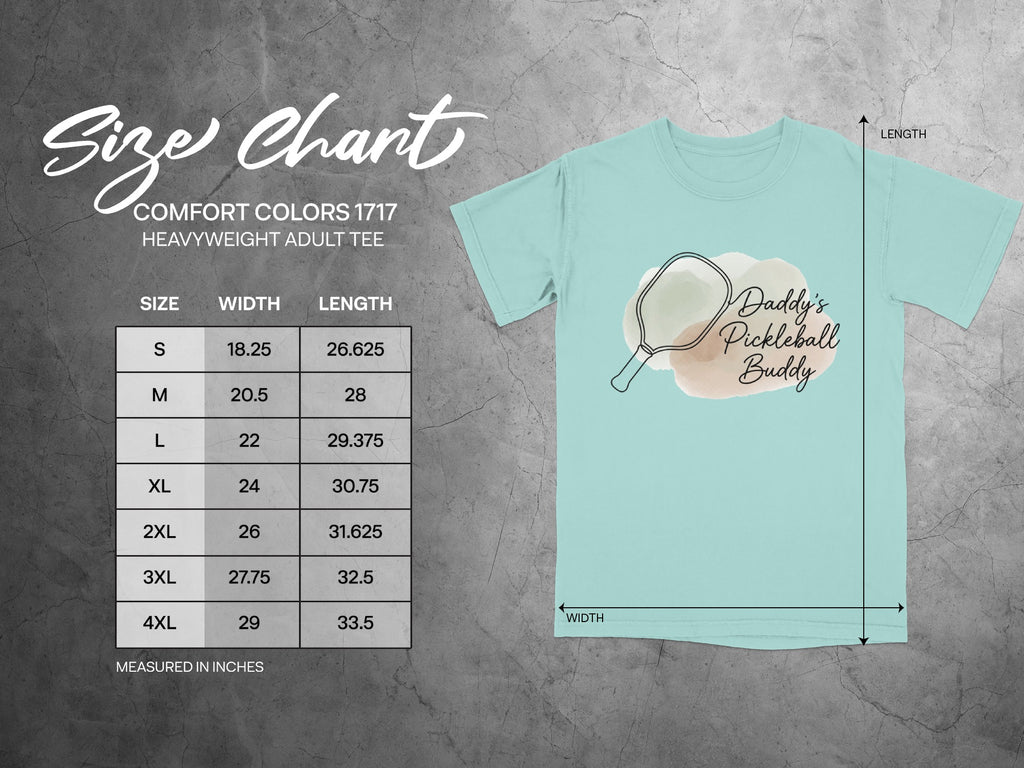 Size chart for Comfort Colors 1717 heavyweight adult tee with pickleball graphic.