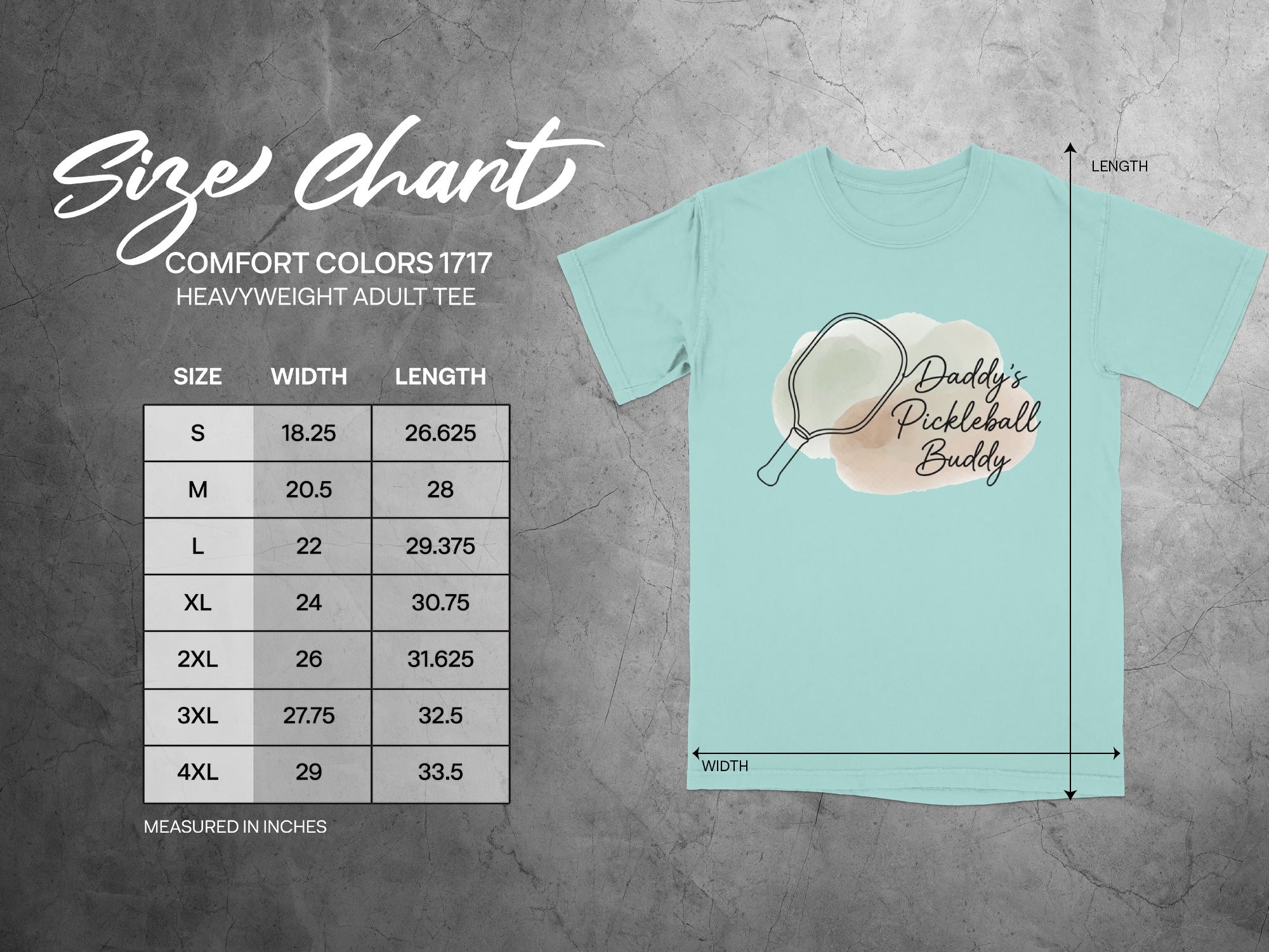 Size chart for Comfort Colors 1717 heavyweight adult tee with pickleball graphic.
