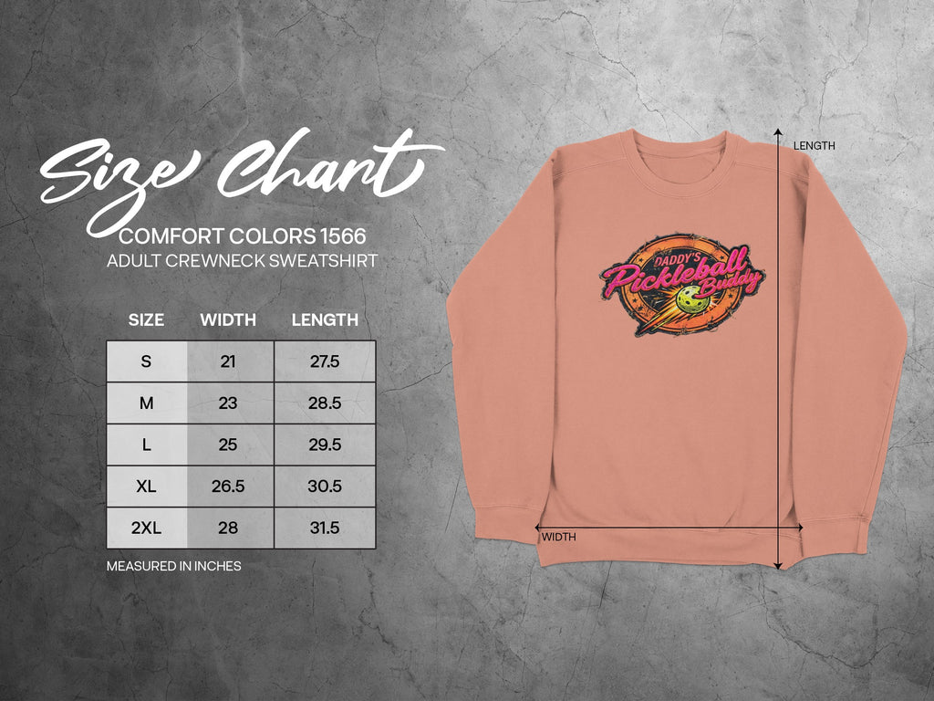 Comfort Colors 1566 adult crewneck sweatshirt size chart with measurements.