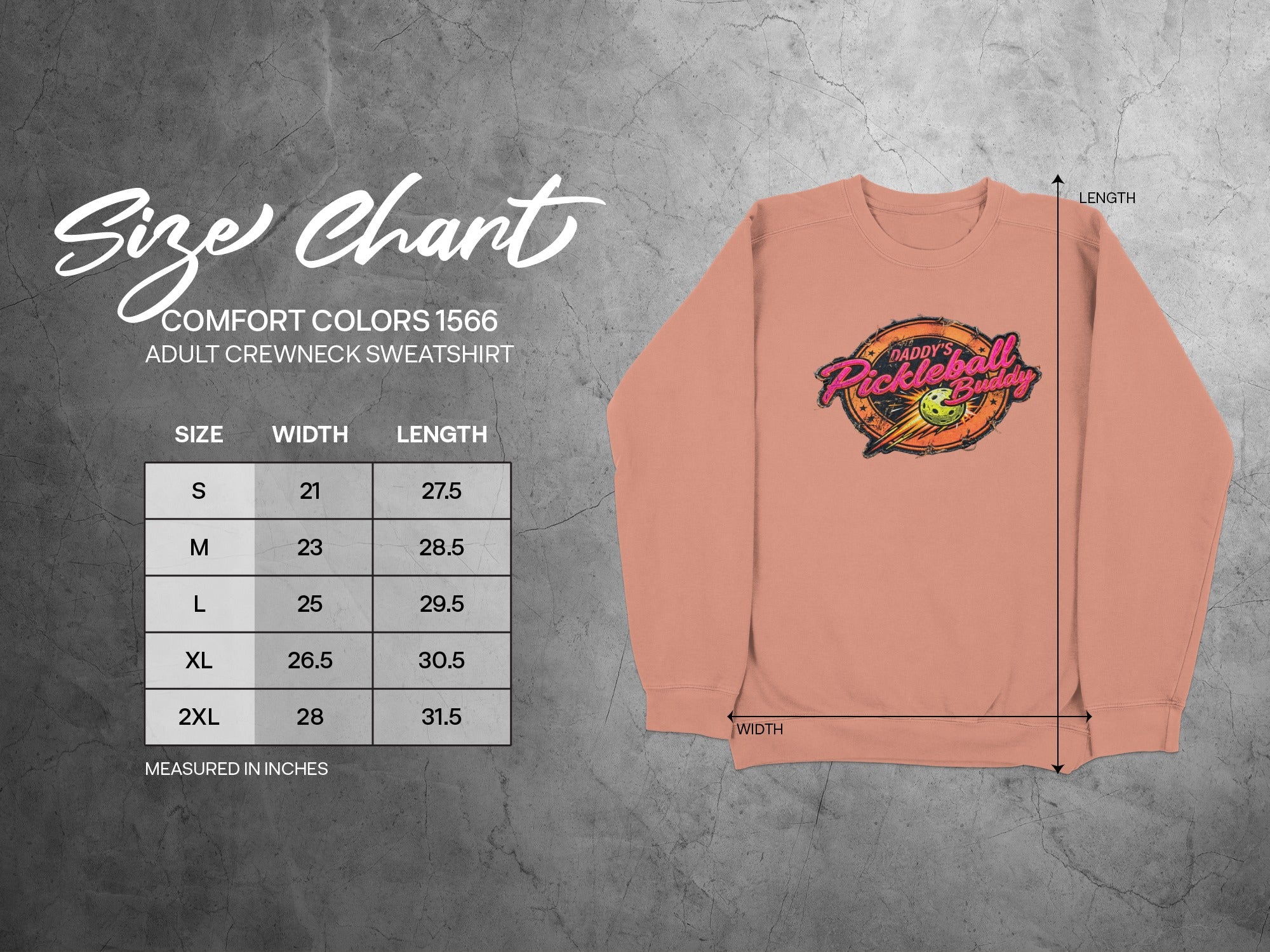 Comfort Colors 1566 adult crewneck sweatshirt size chart with measurements.