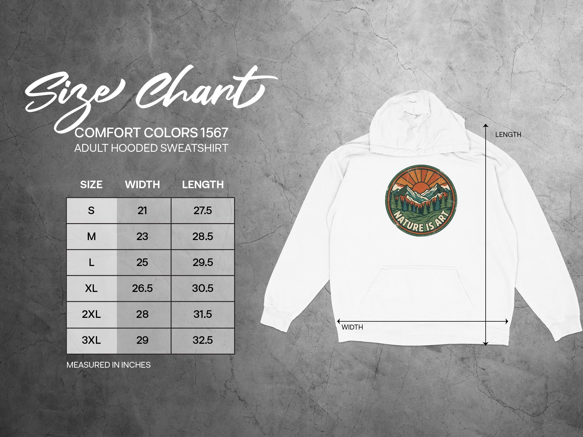 Comfort Colors 1567 adult hooded sweatshirt size chart with dimensions.