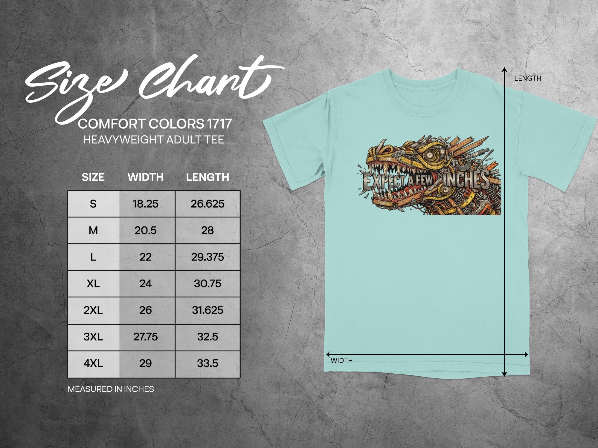 Comfort Colors 1717 size chart for heavyweight adult tee with graphic.