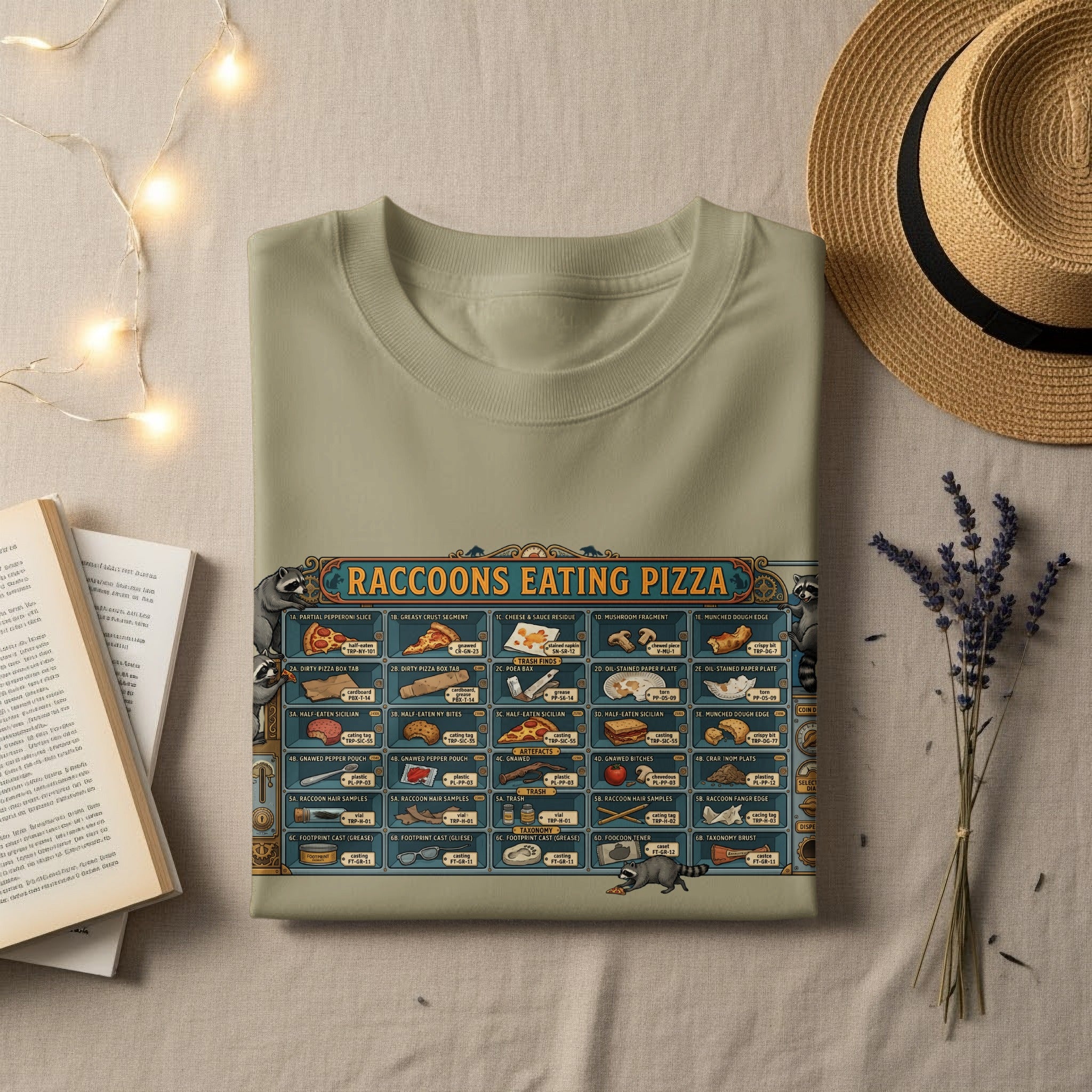 T-shirt with "Raccoons Eating Pizza" graphic detailing pizza parts and raccoon trash artifacts.