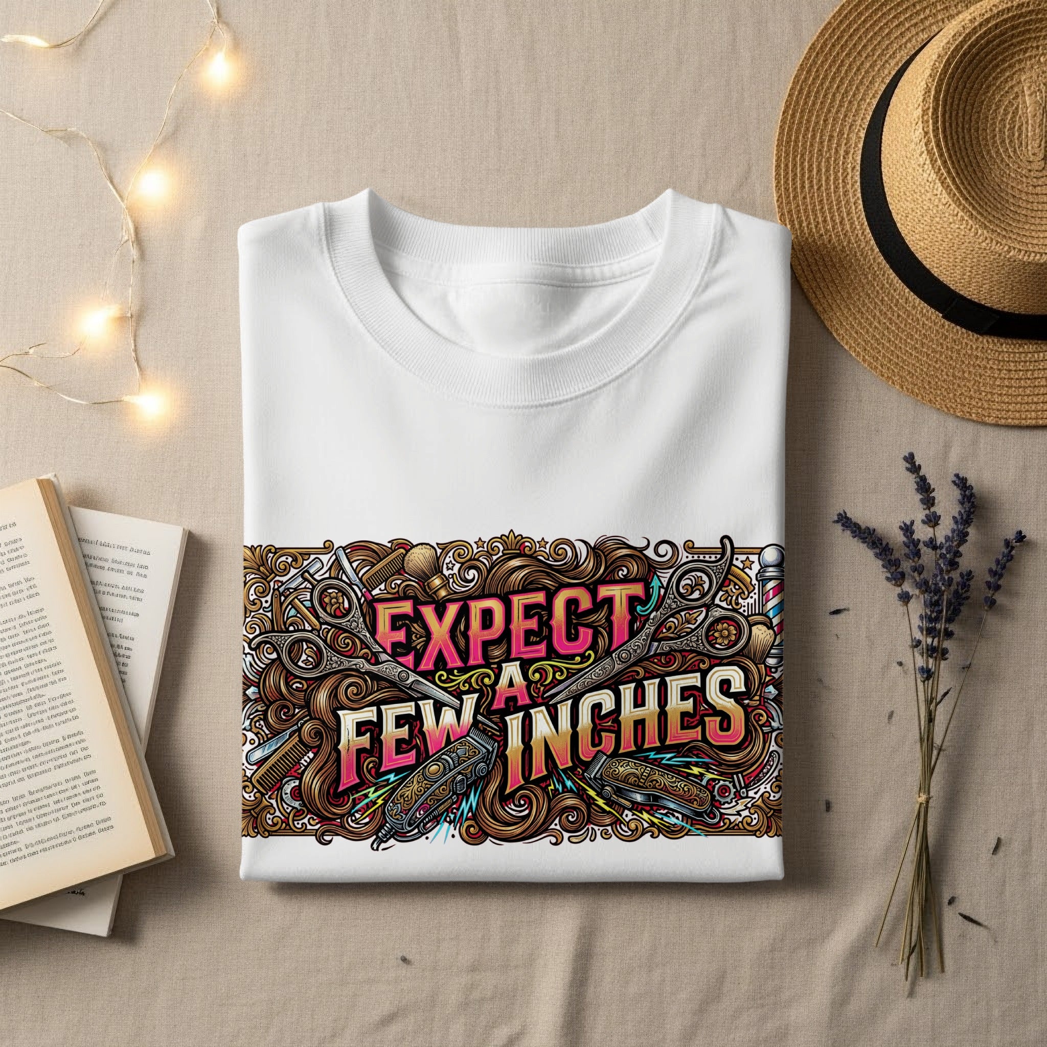 White t-shirt with "EXPECT FEW INCHES" graphic featuring scissors and combs.