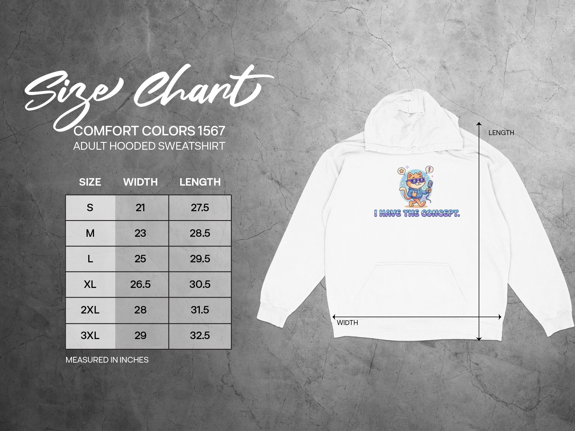 Comfort Colors 1567 adult hooded sweatshirt size chart with measurements.