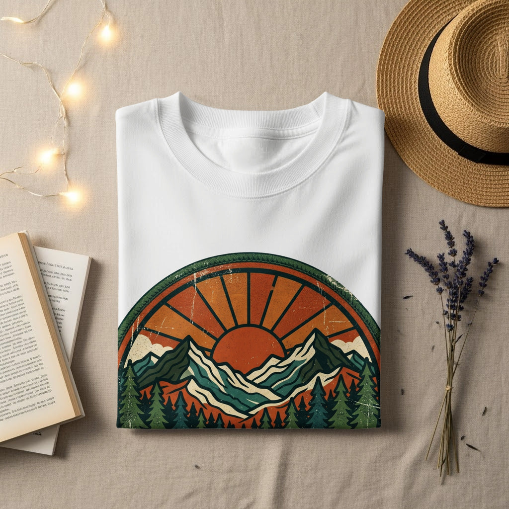 White sweatshirt with a circular mountain and sun graphic.