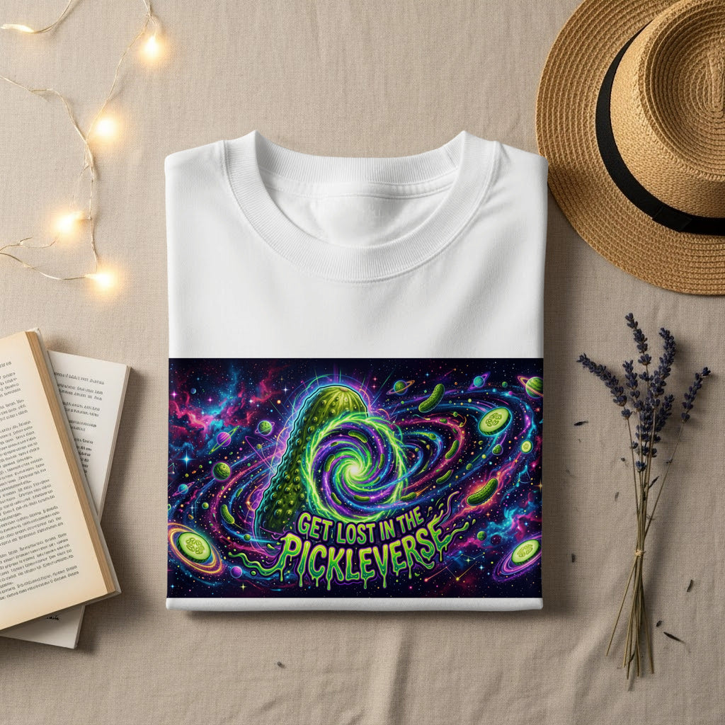 White t-shirt with "GET LOST IN THE PICKLEVERSE" graphic featuring a pickle in a cosmic portal.