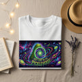 White t-shirt with "GET LOST IN THE PICKLEVERSE" graphic featuring a pickle in a cosmic portal.