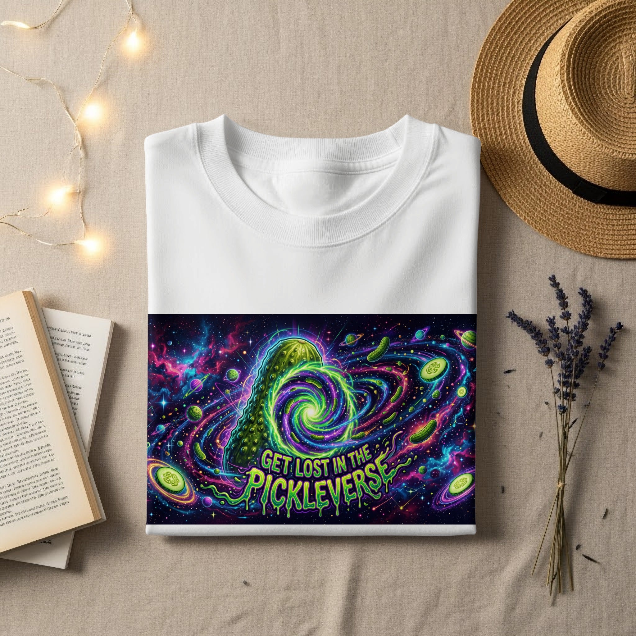 White t-shirt with "GET LOST IN THE PICKLEVERSE" graphic featuring a pickle in a cosmic portal.