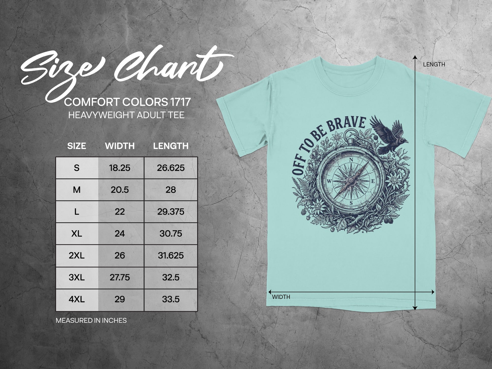 Size chart for Comfort Colors 1717 heavyweight adult tee with graphic.