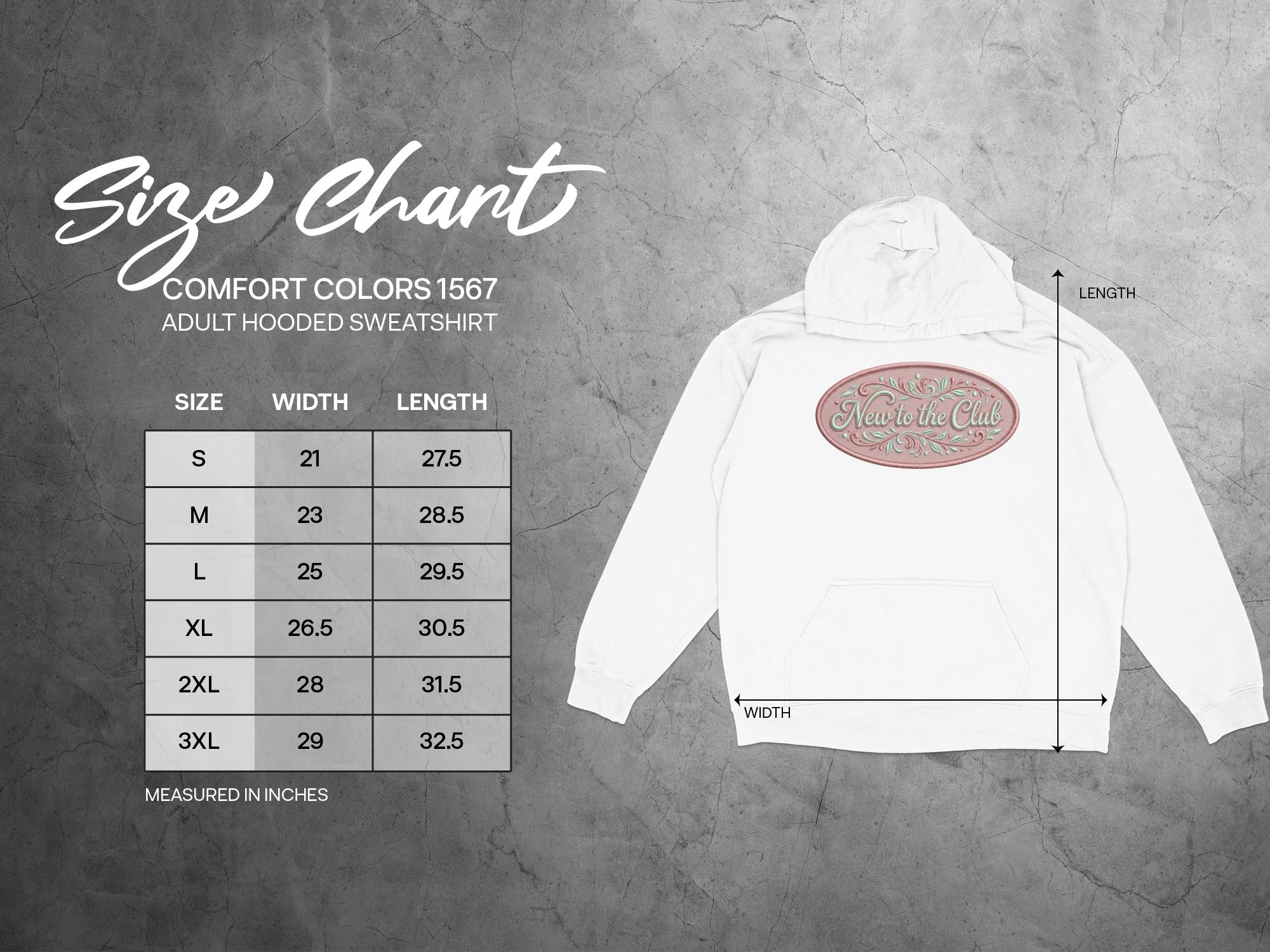 Comfort Colors 1567 adult hooded sweatshirt size chart with width and length measurements.