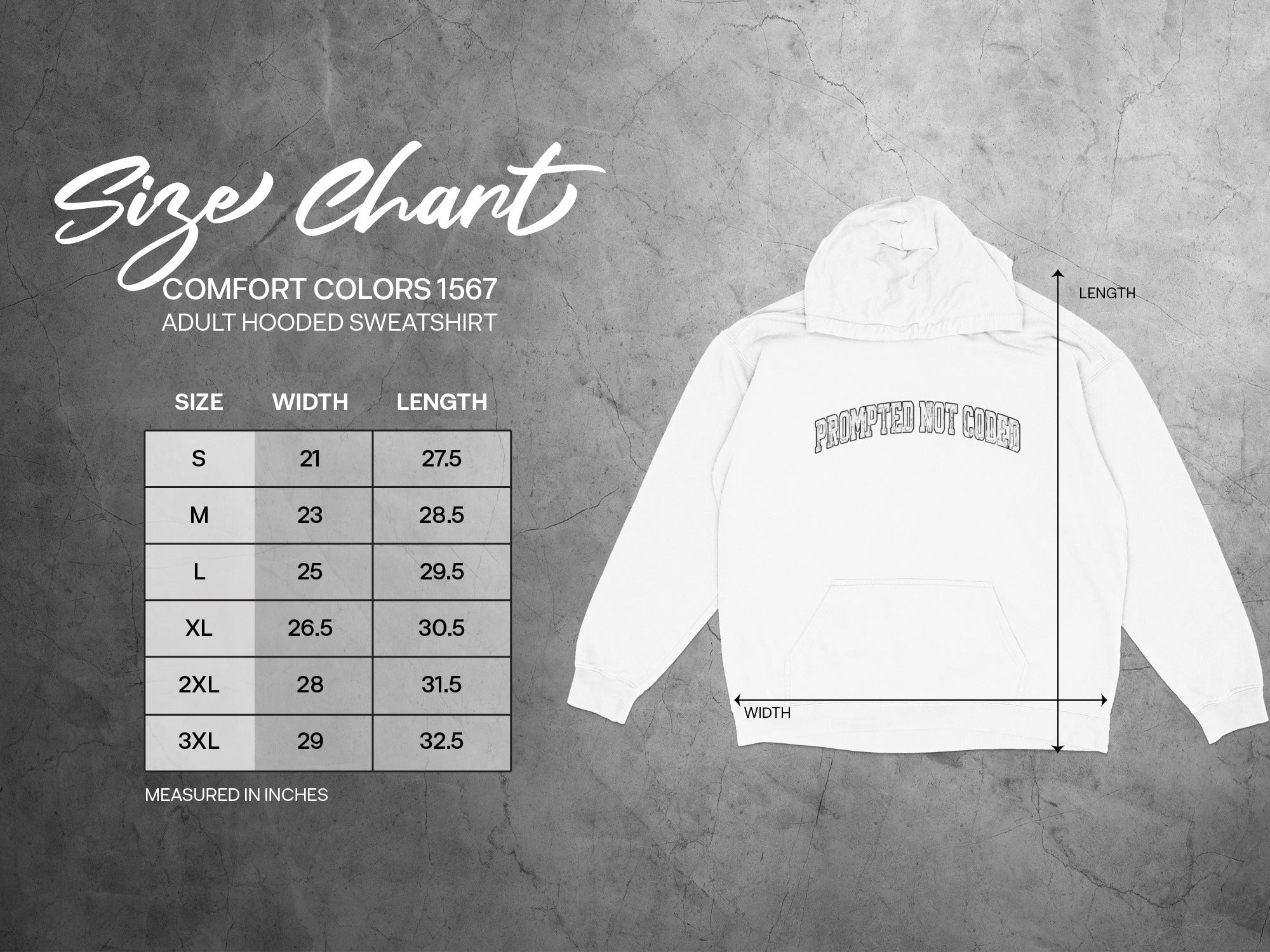 Comfort Colors 1567 adult hooded sweatshirt size chart with width and length measurements.