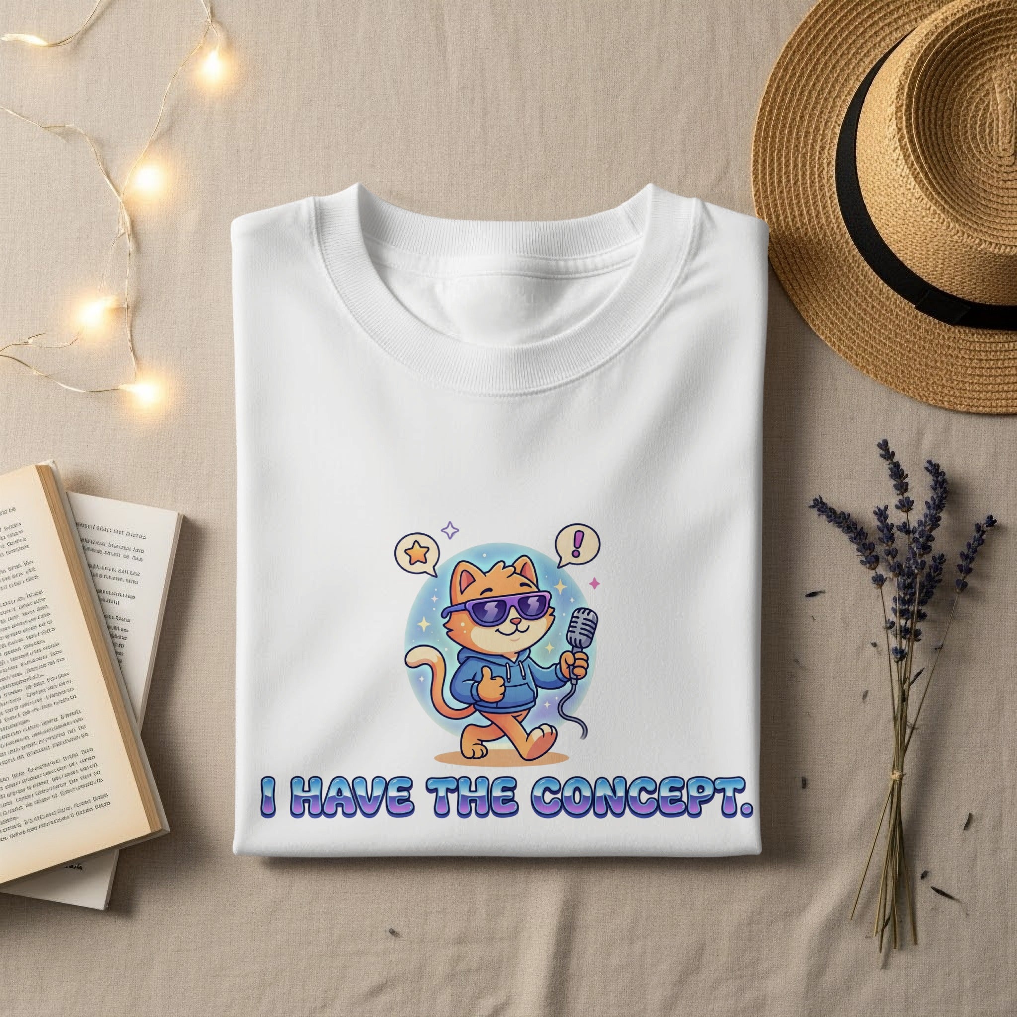 White t-shirt with cartoon cat holding microphone, saying "I HAVE THE CONCEPT."