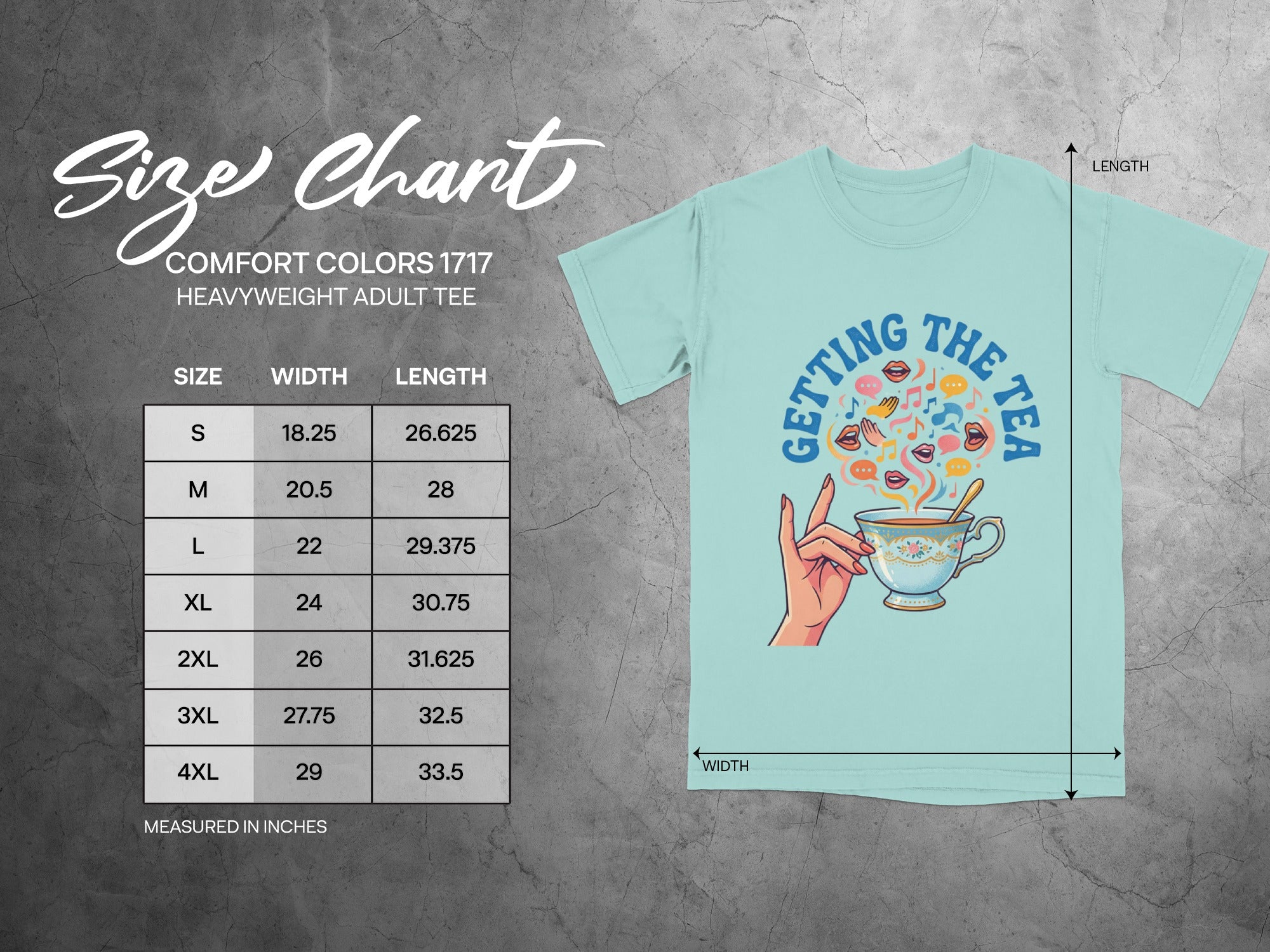 Size chart for Comfort Colors 1717 heavyweight adult tee with measurements.