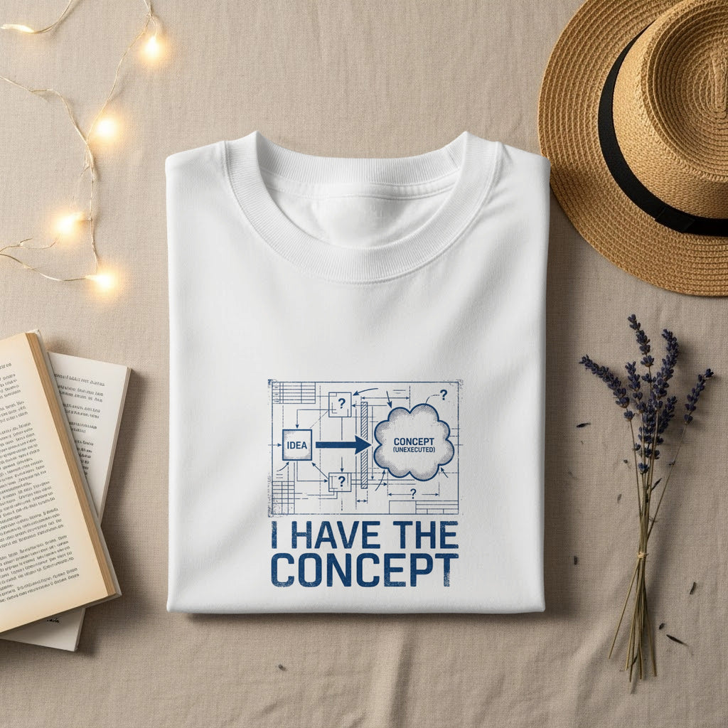 White t-shirt with "I HAVE THE CONCEPT" slogan and a diagram.