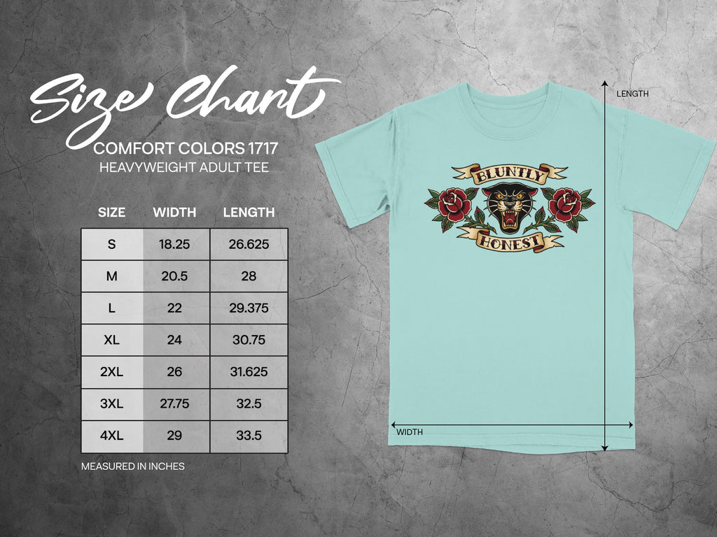 Comfort Colors 1717 heavyweight adult tee size chart with measurements.