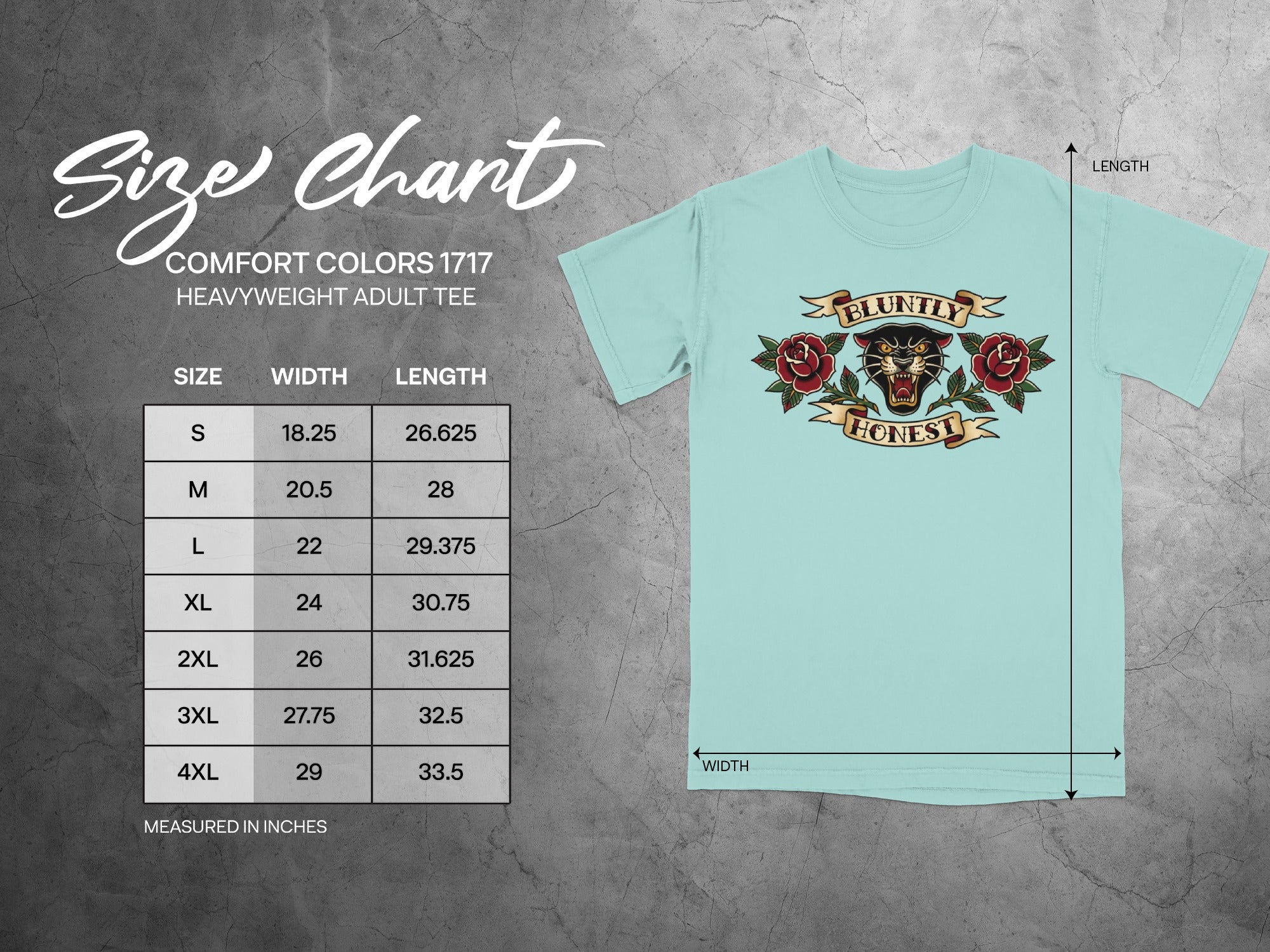 Comfort Colors 1717 heavyweight adult tee size chart with measurements.