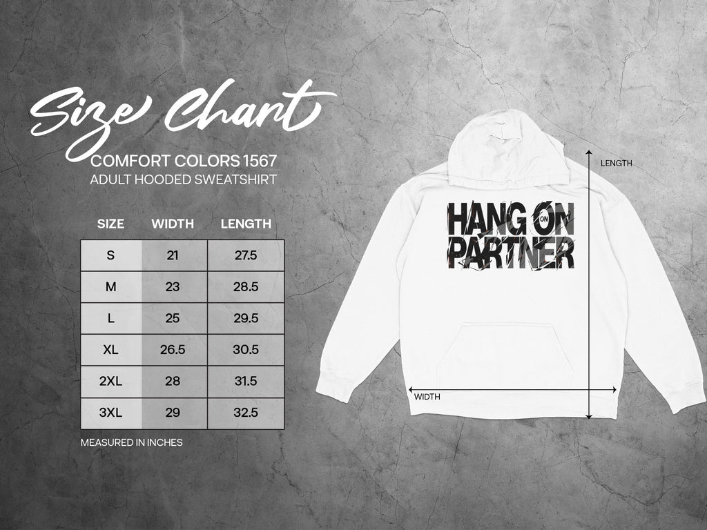 Comfort Colors 1567 adult hooded sweatshirt size chart with dimensions.