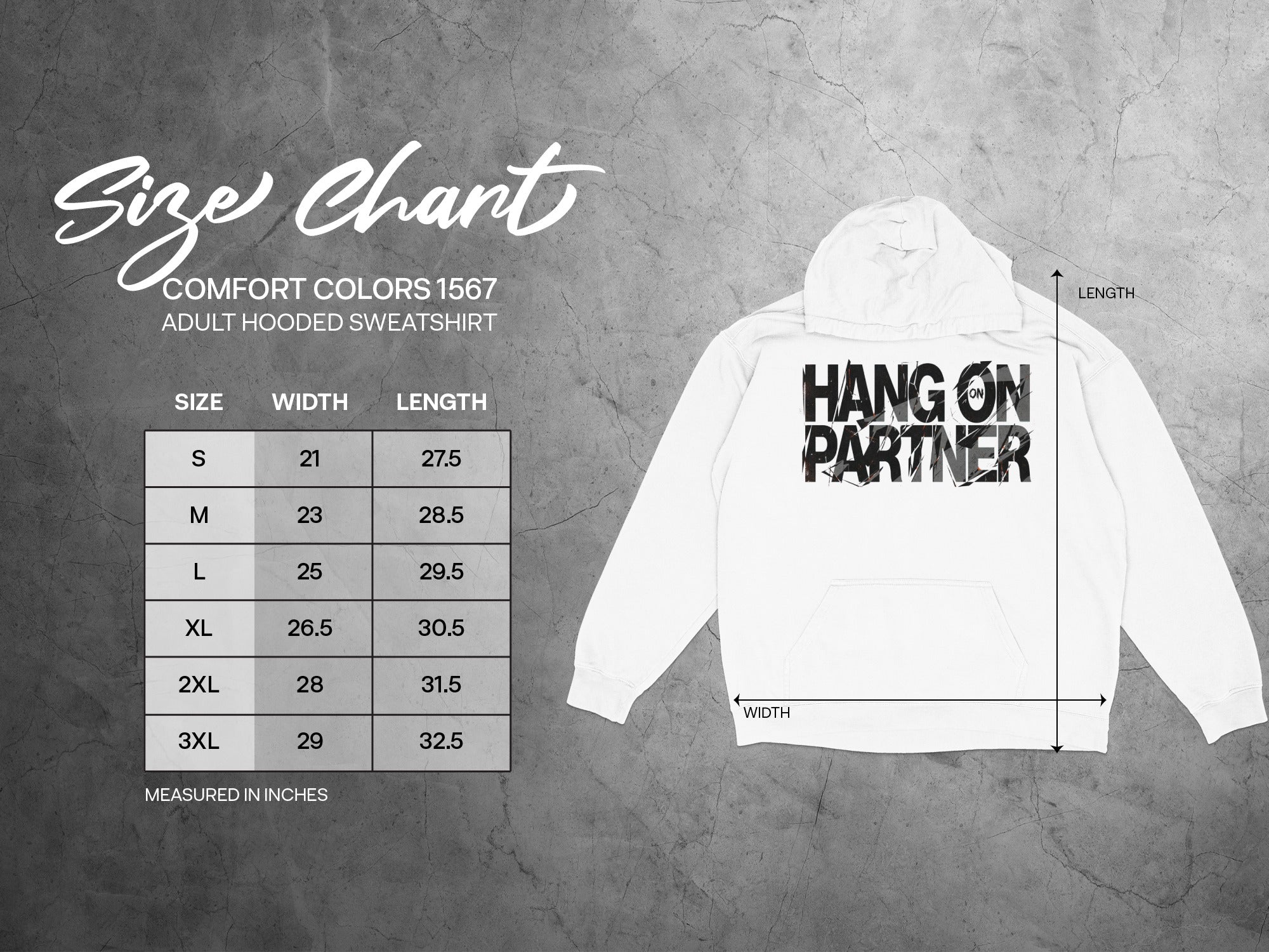 Comfort Colors 1567 adult hooded sweatshirt size chart with dimensions.