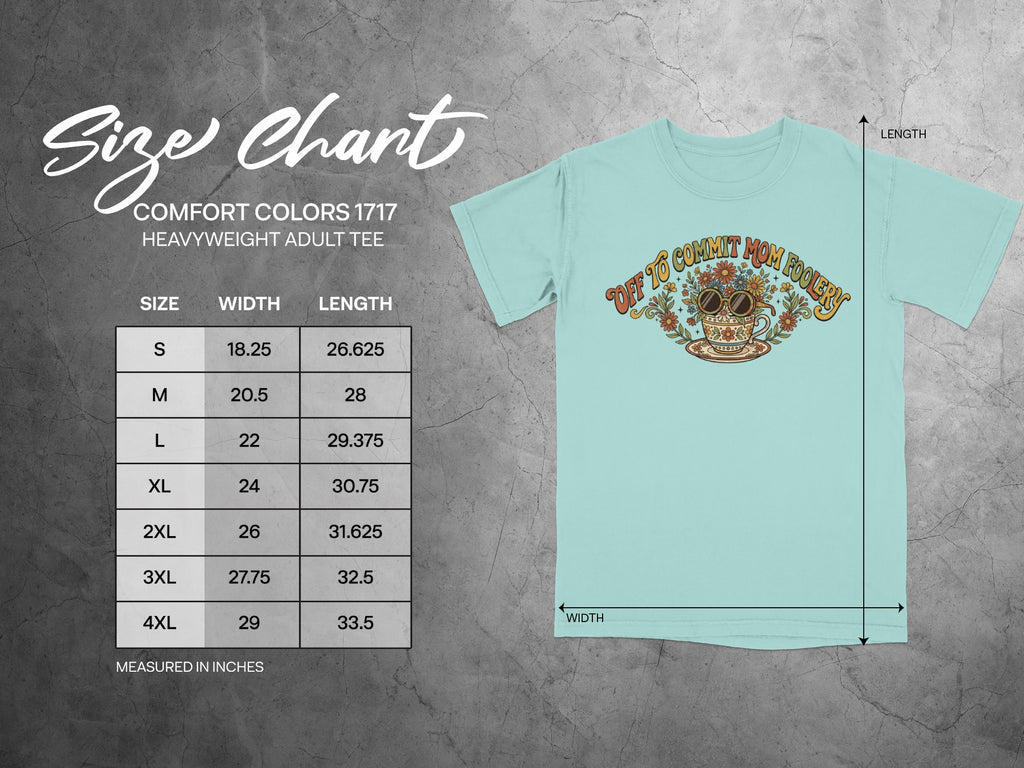 Comfort Colors 1717 heavyweight adult tee size chart with dimensions in inches.