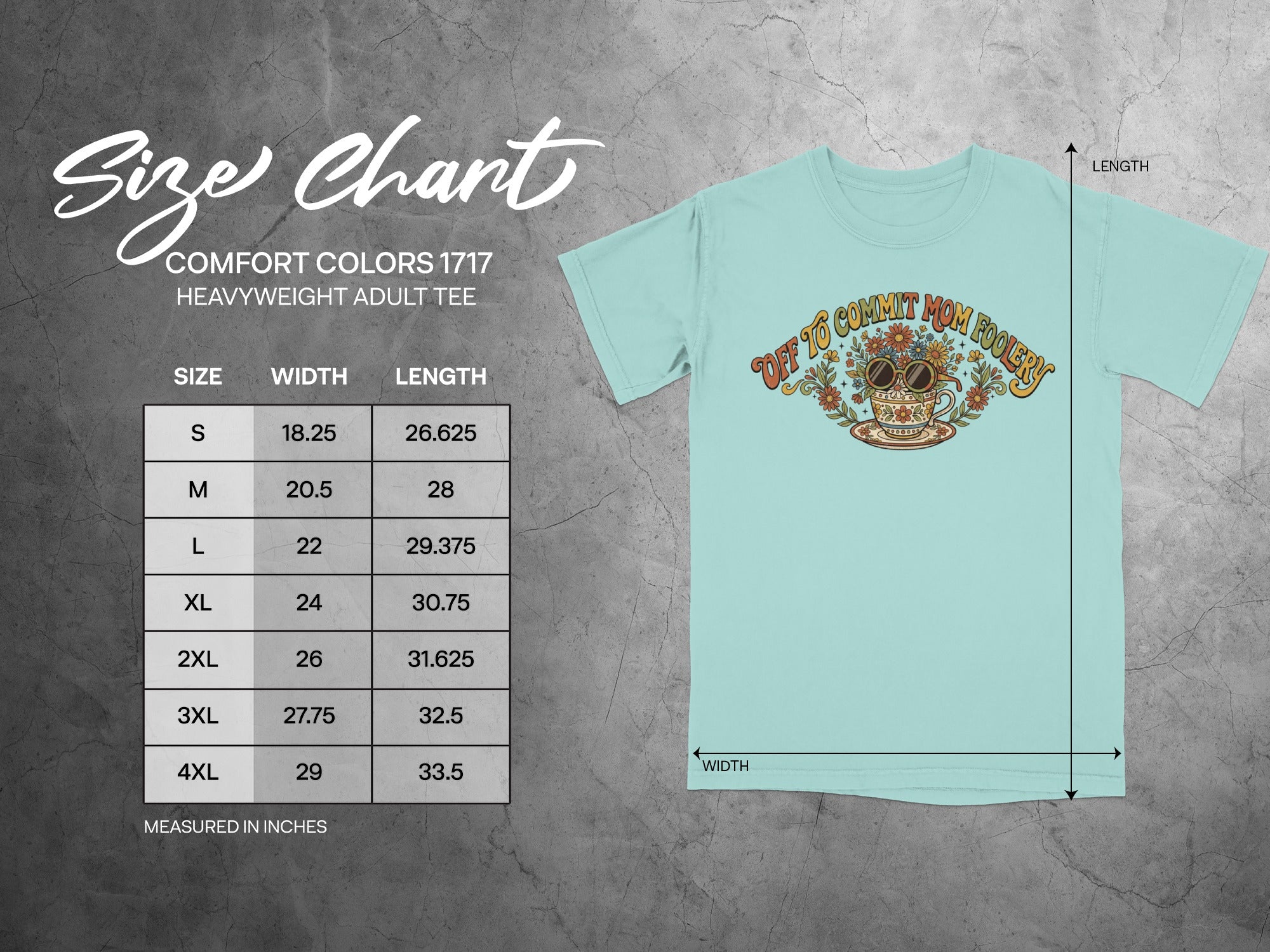 Comfort Colors 1717 heavyweight adult tee size chart with dimensions in inches.