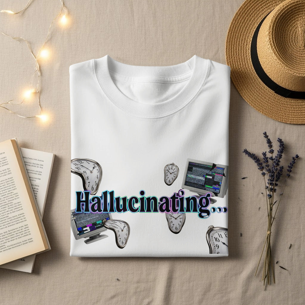 White t-shirt with "Hallucinating..." text and melting clocks.