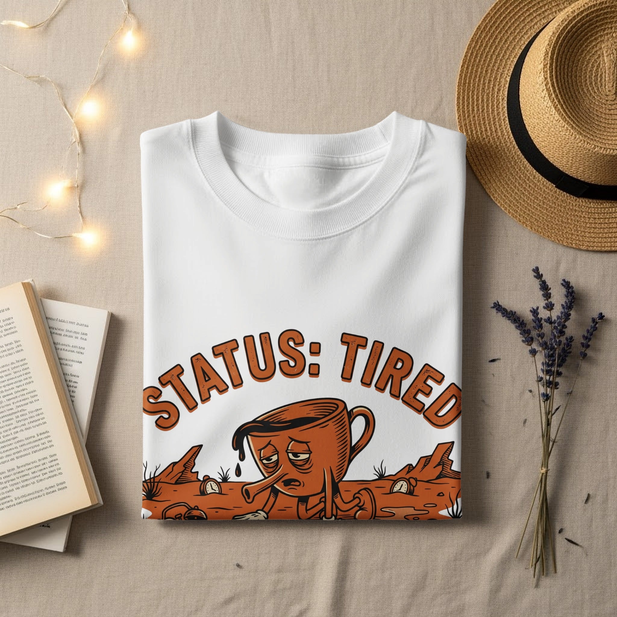 White t-shirt with "STATUS: TIRED" text and a tired coffee cup graphic.