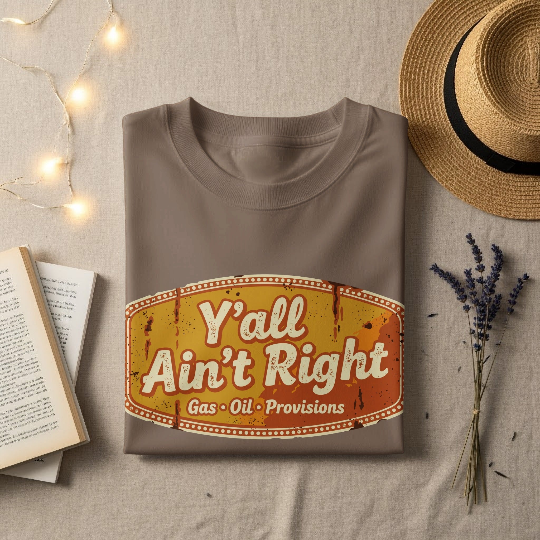 Brown t-shirt with "Y'all Ain't Right Gas Oil Provisions" graphic.