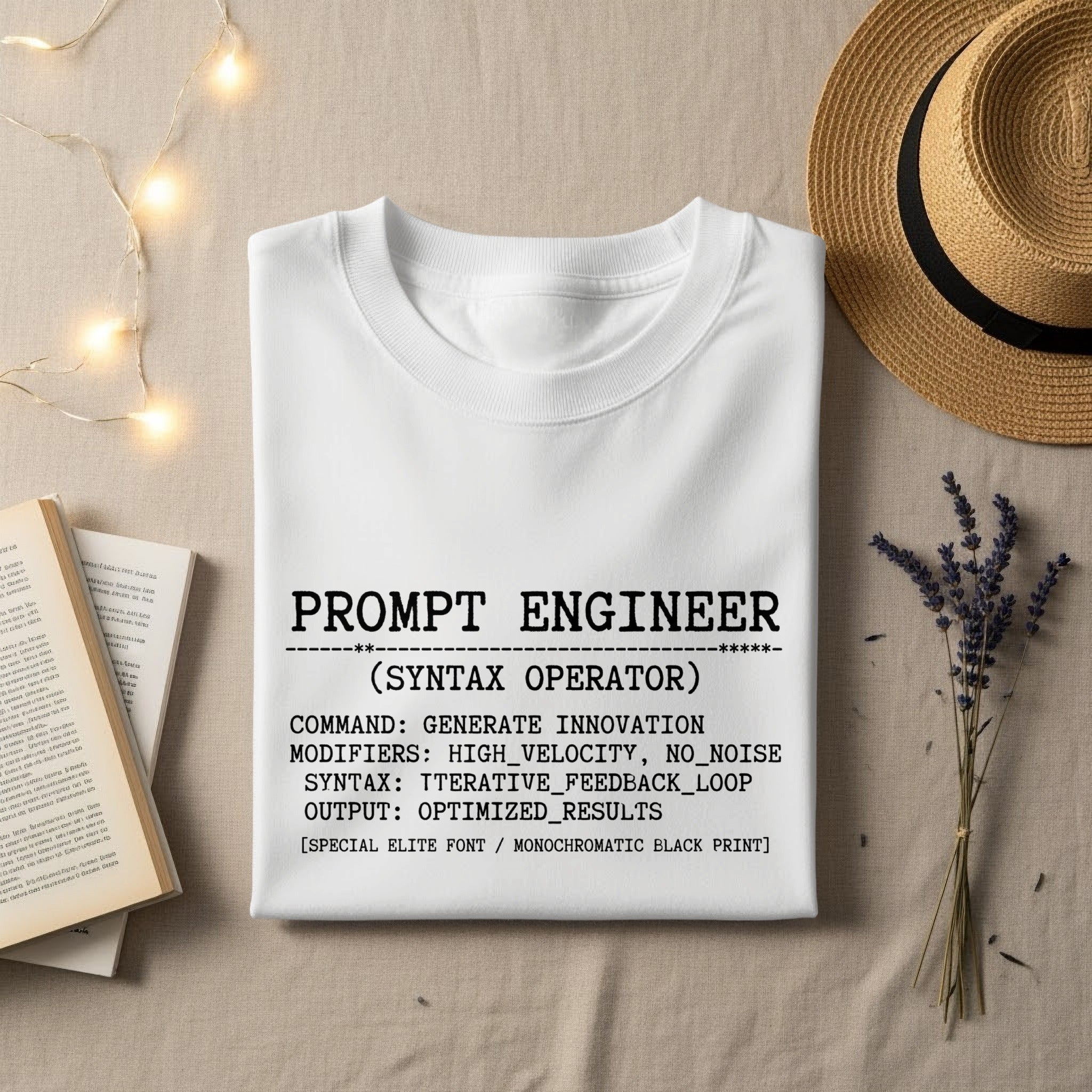 White t-shirt with black text "PROMPT ENGINEER (SYNTAX OPERATOR)".