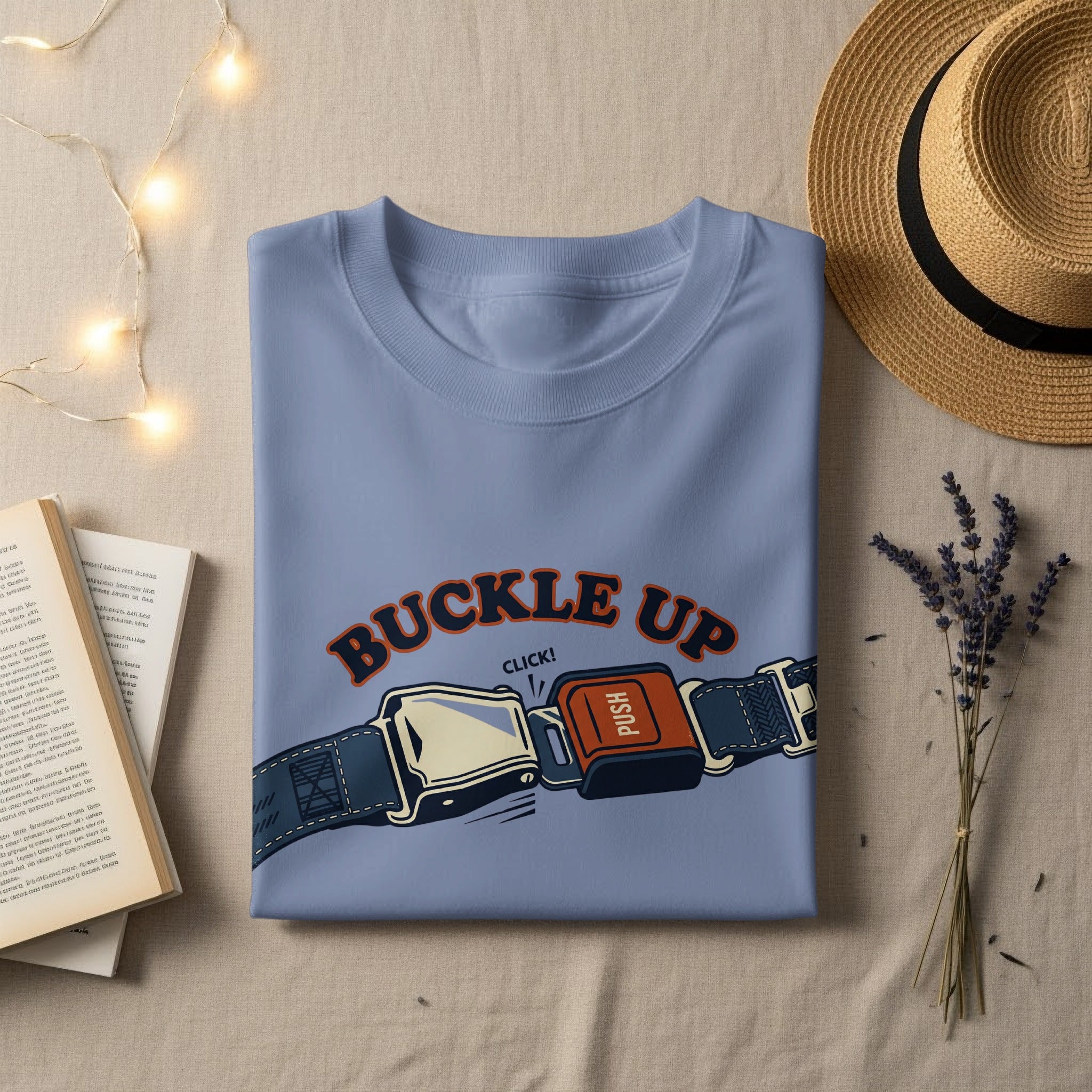 Blue t-shirt with "BUCKLE UP" and a seatbelt graphic.