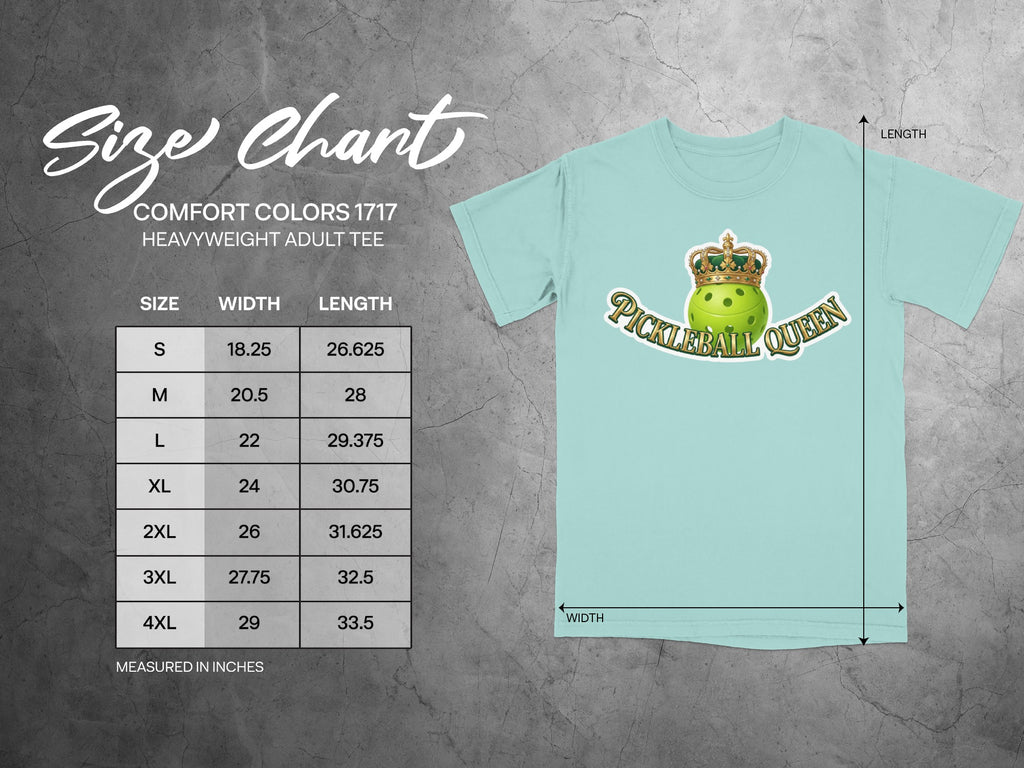 Size chart for Comfort Colors 1717 heavyweight adult tee, showing dimensions in inches.