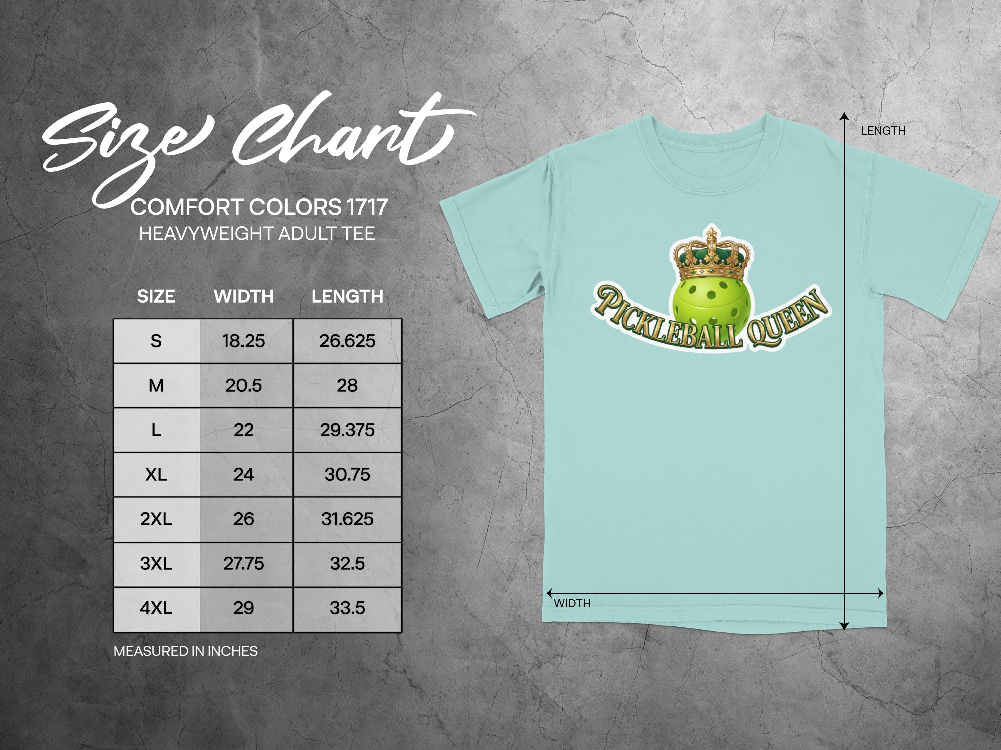 Size chart for Comfort Colors 1717 heavyweight adult tee, showing dimensions in inches.