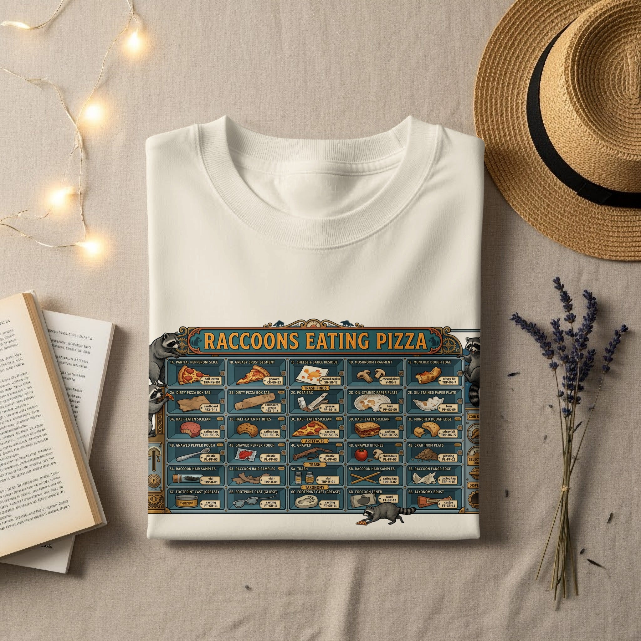 White t-shirt with "Raccoons Eating Pizza" scientific diagram print.