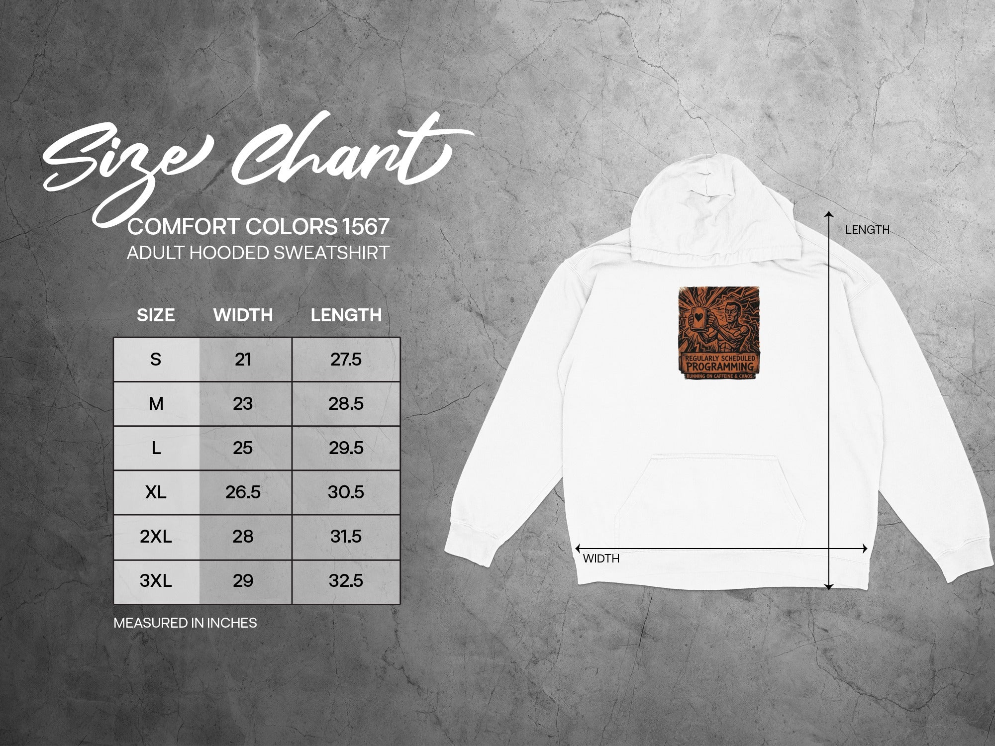 Size chart for Comfort Colors 1567 adult hooded sweatshirt.