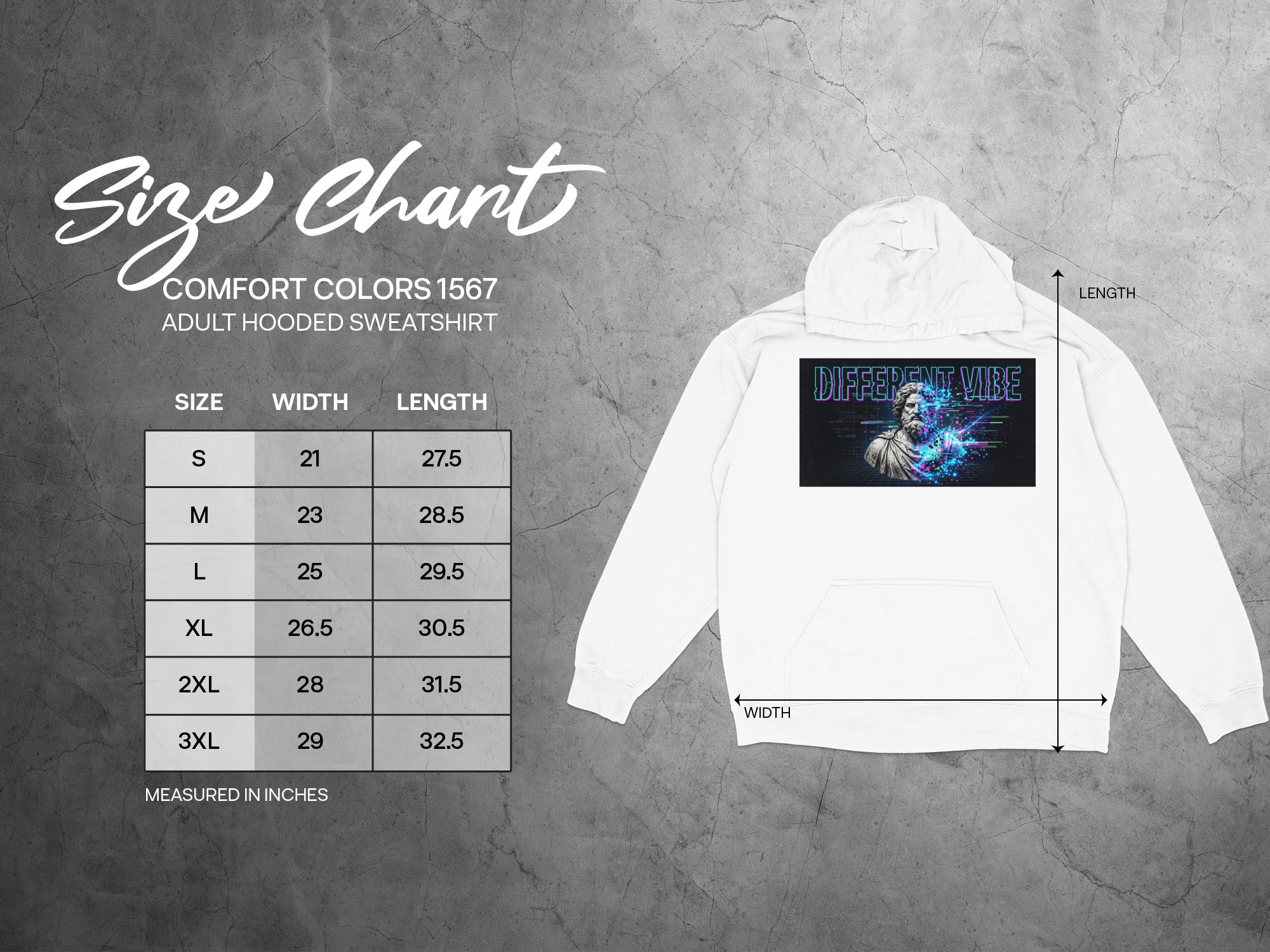 Comfort Colors 1567 adult hooded sweatshirt size chart with width and length measurements.