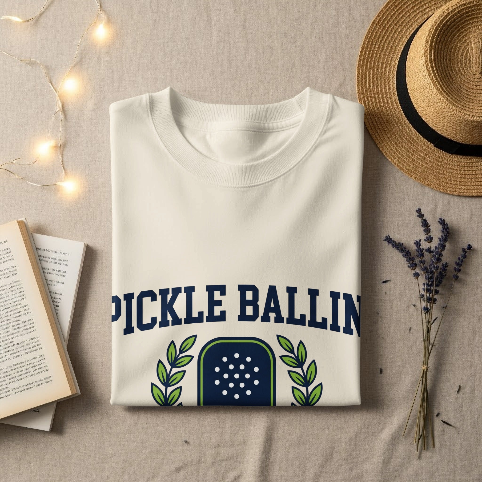 White t-shirt with "PICKLE BALLIN" text and a crest design.