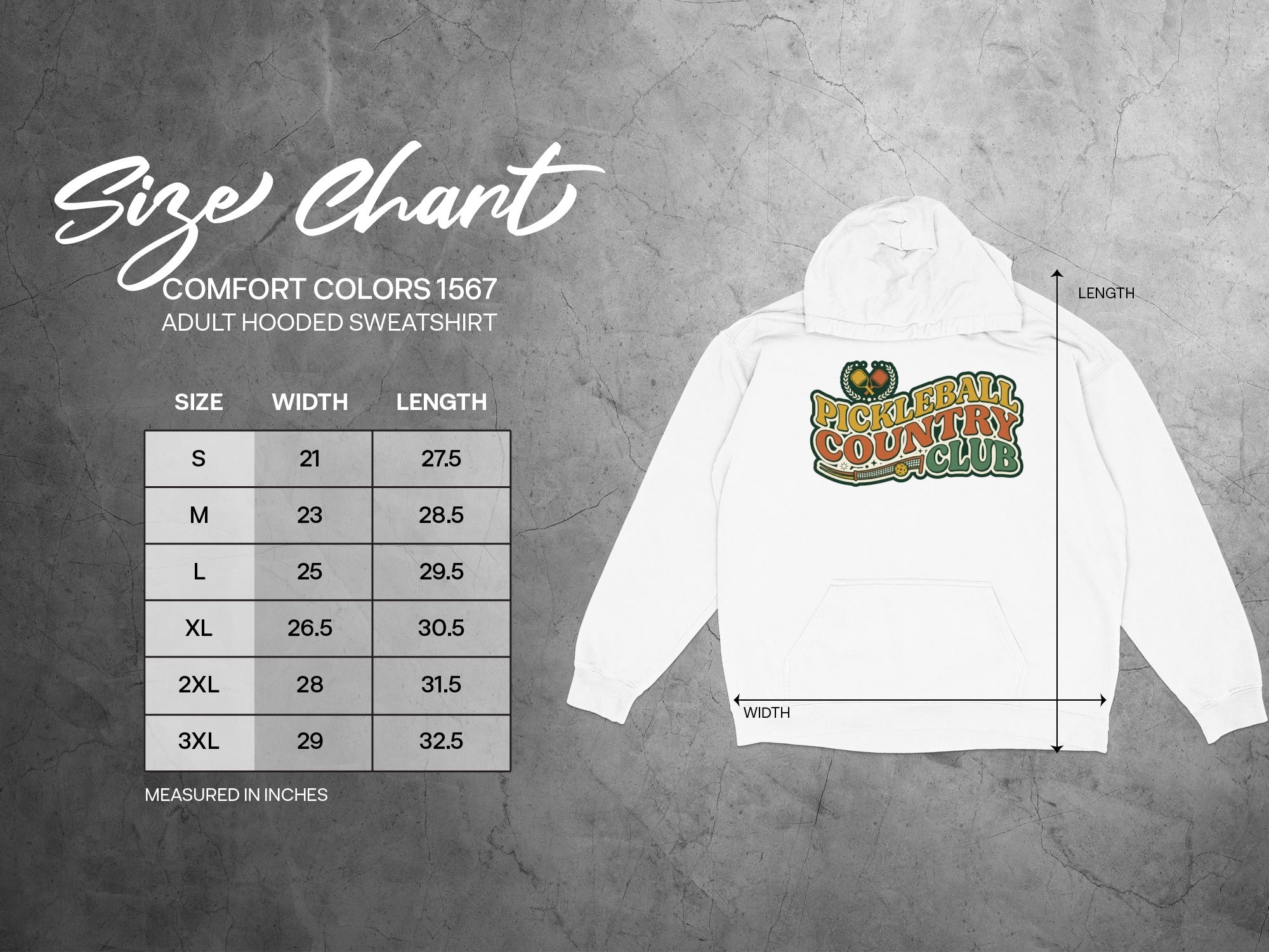 Size chart for Comfort Colors 1567 adult hooded sweatshirt.