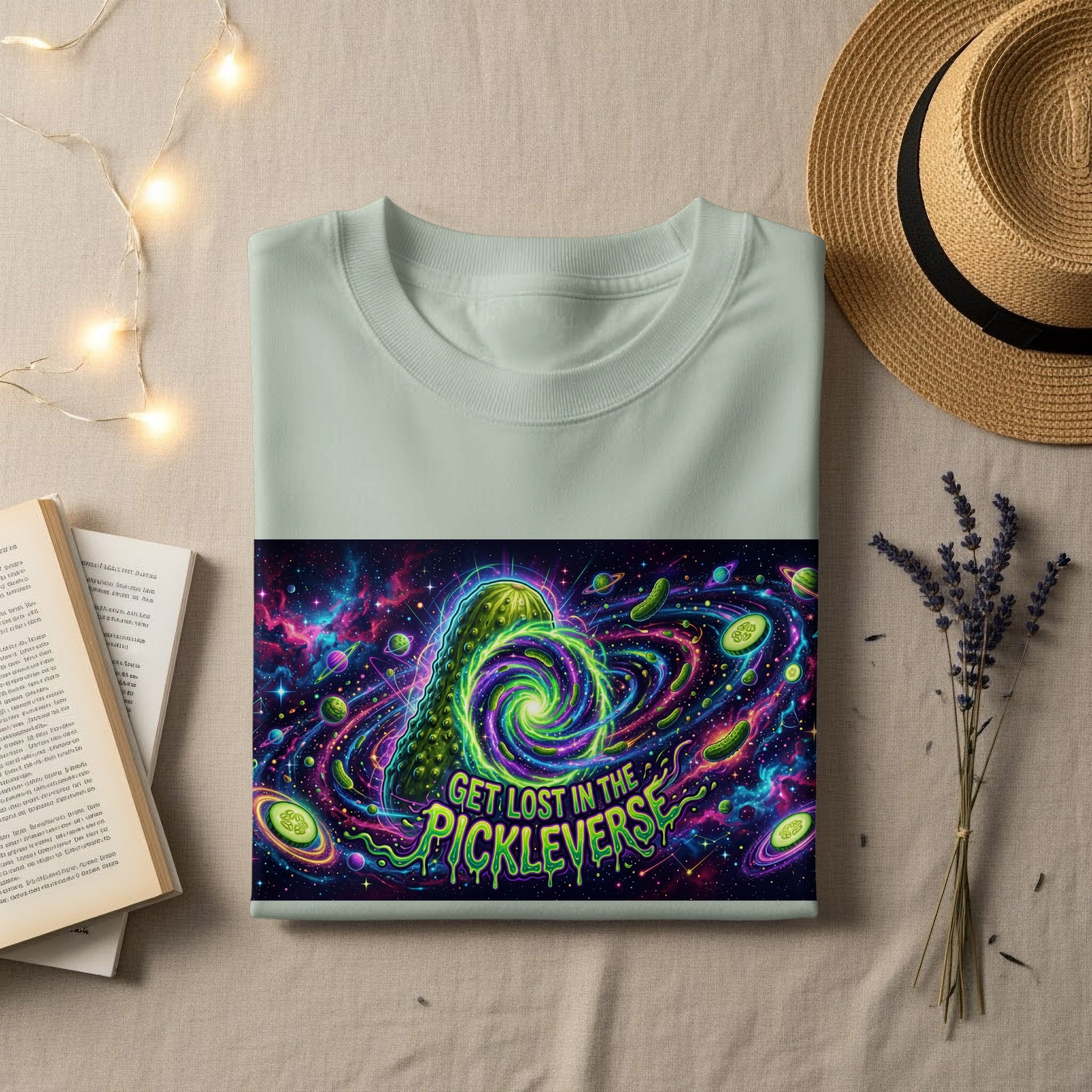 Light green t-shirt with "Get Lost in the Pickleverse" Rick and Morty graphic.