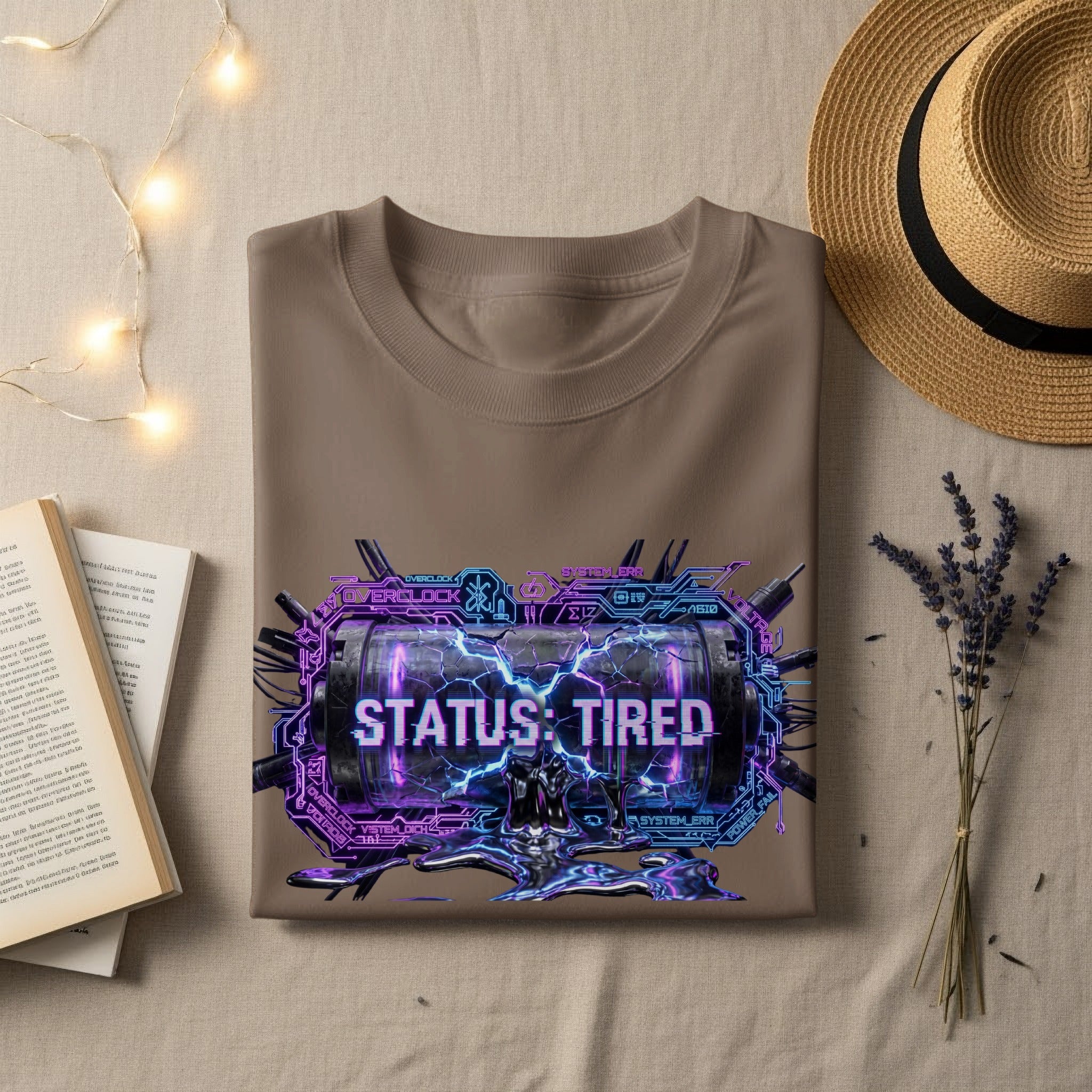 Brown t-shirt with "STATUS: TIRED" graphic featuring glowing circuits.