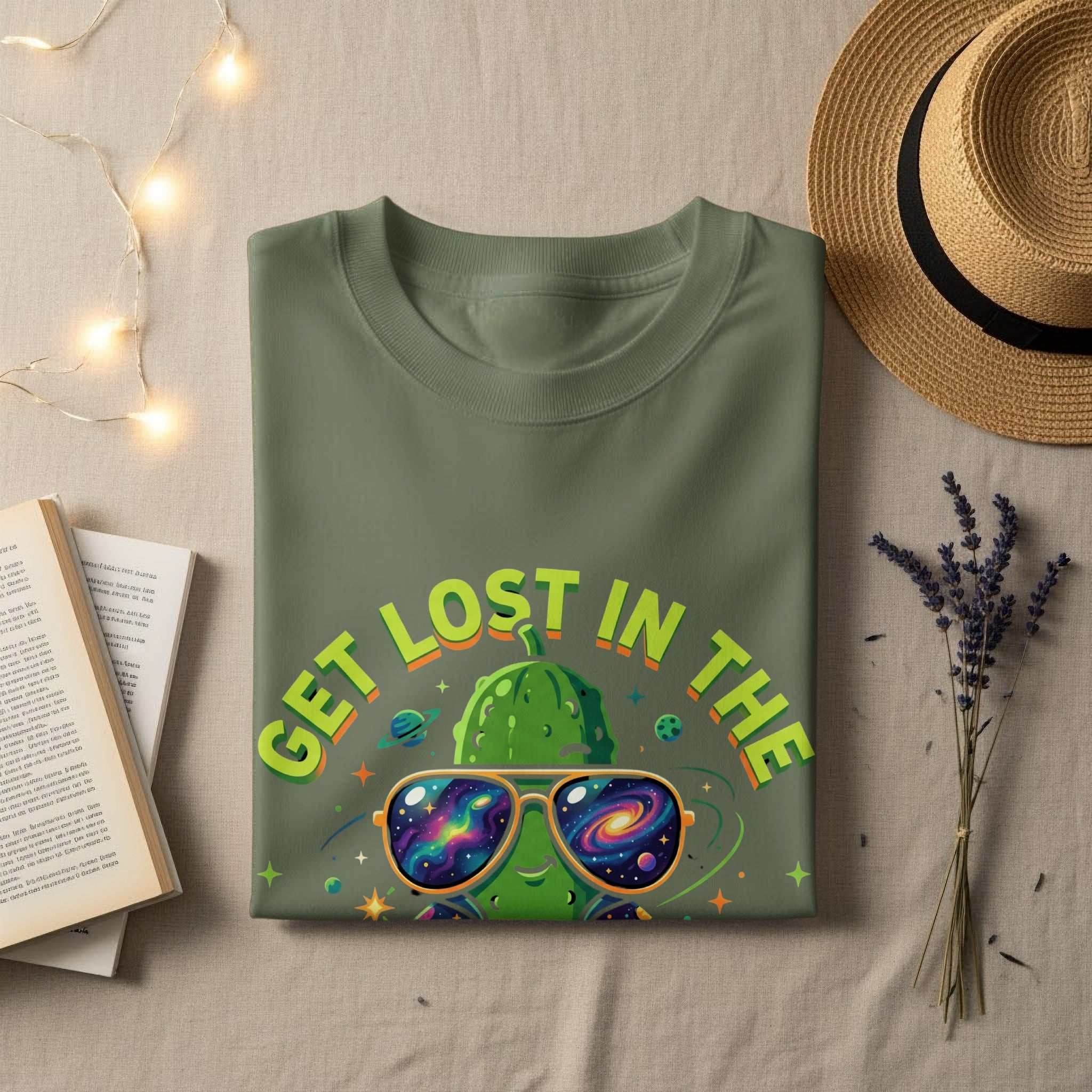 Olive green t-shirt with "GET LOST IN THE" graphic featuring a galaxy-eyed cucumber.