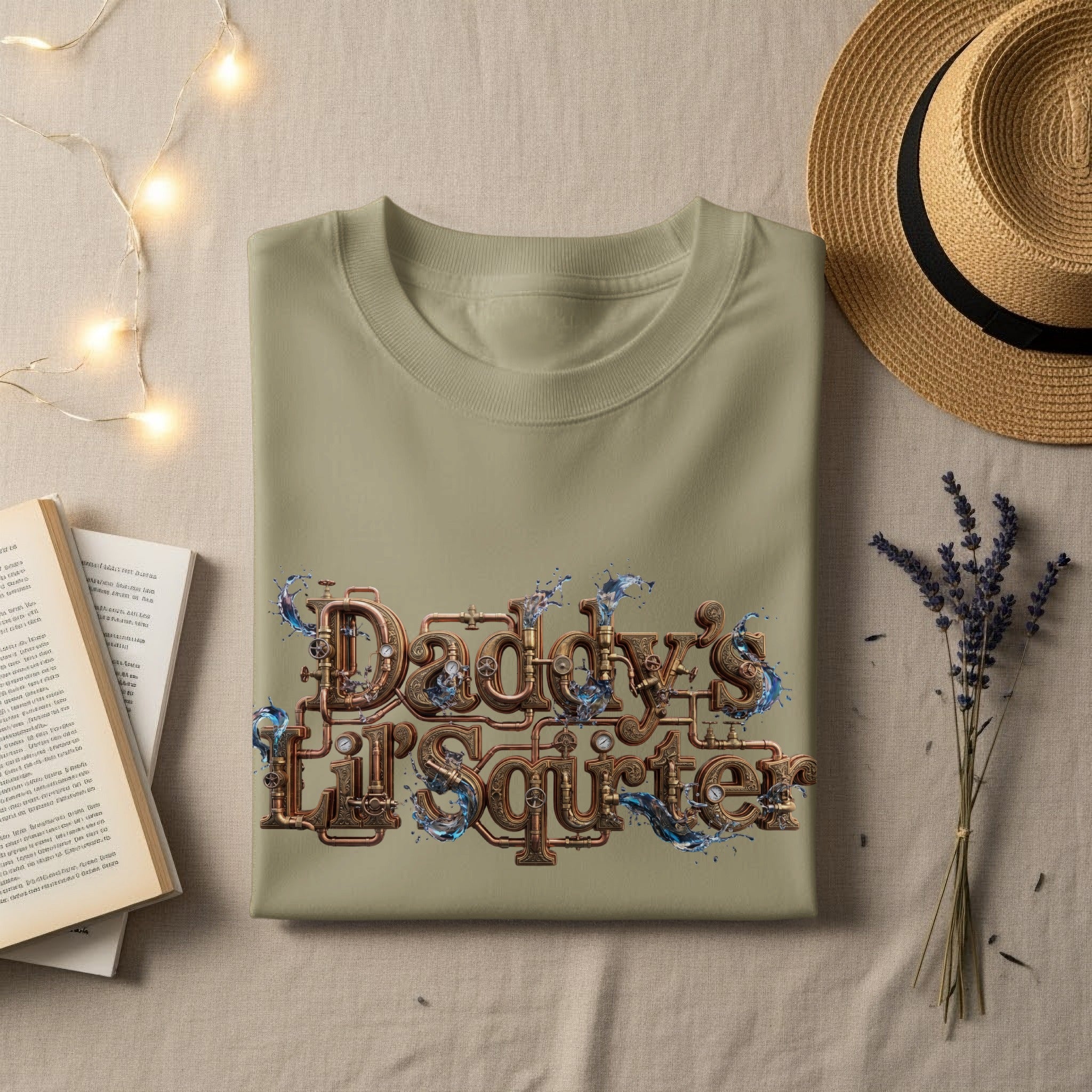 Light green t-shirt with "Daddy's L'il Squirter" text featuring water splashes and pipes.