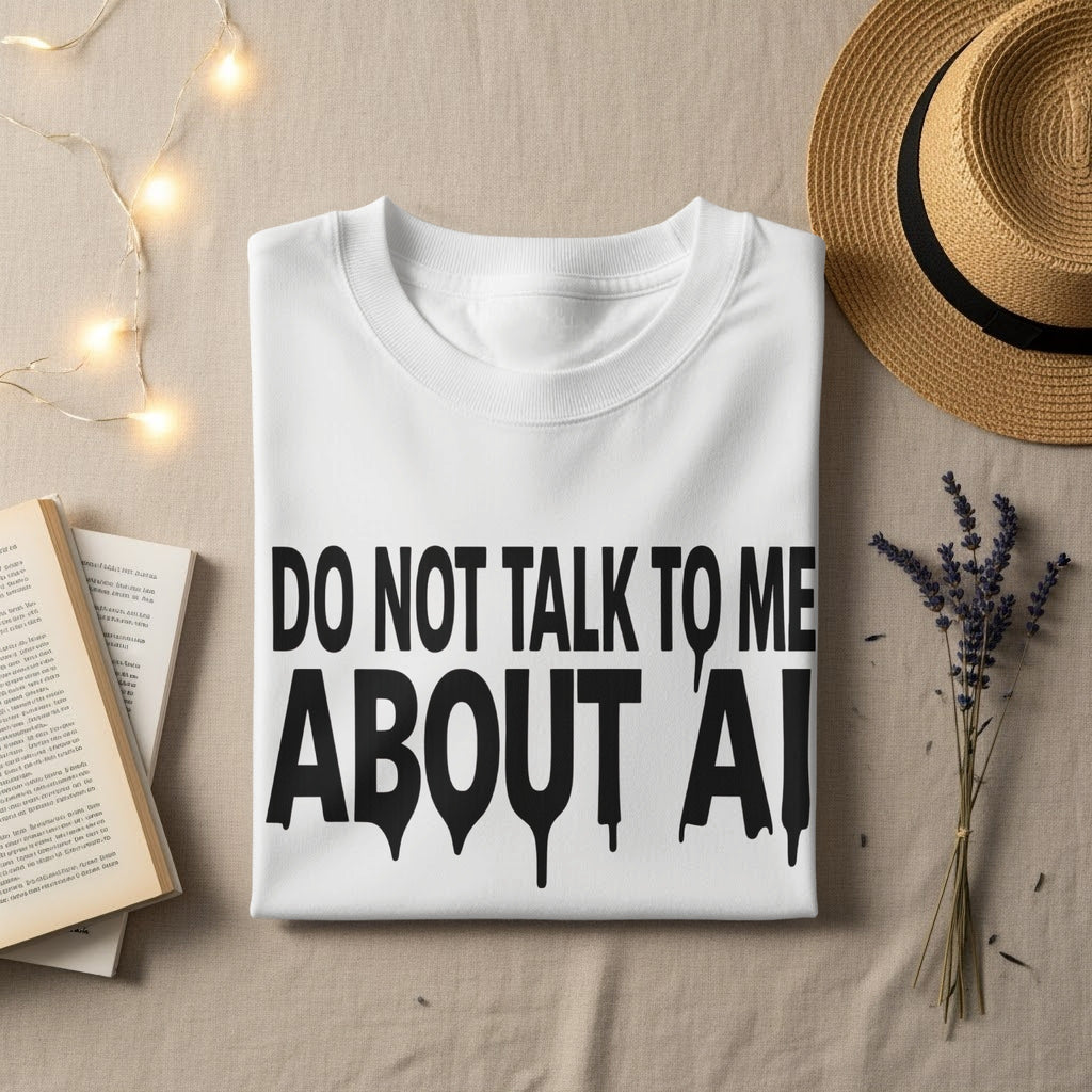 White sweatshirt with "DO NOT TALK TO ME ABOUT AI" text in black dripping letters.