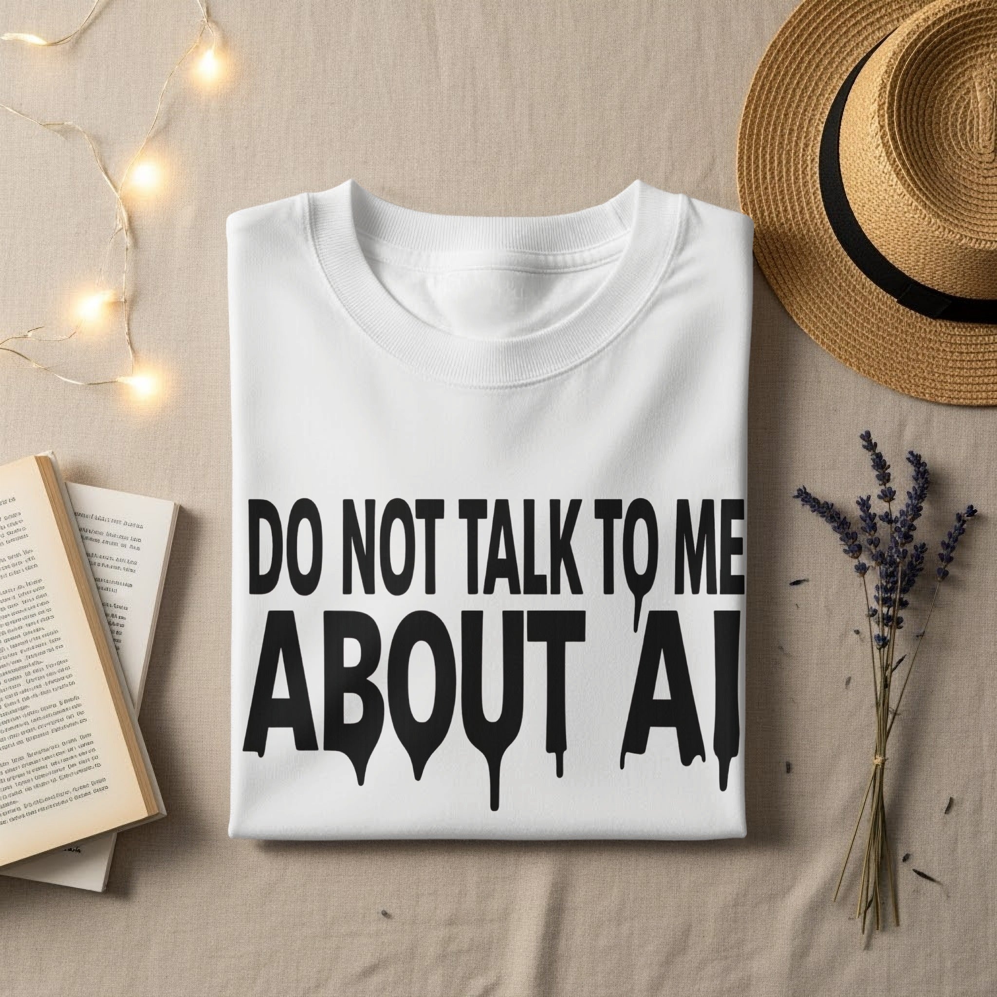 White sweatshirt with "DO NOT TALK TO ME ABOUT AI" text in black dripping letters.