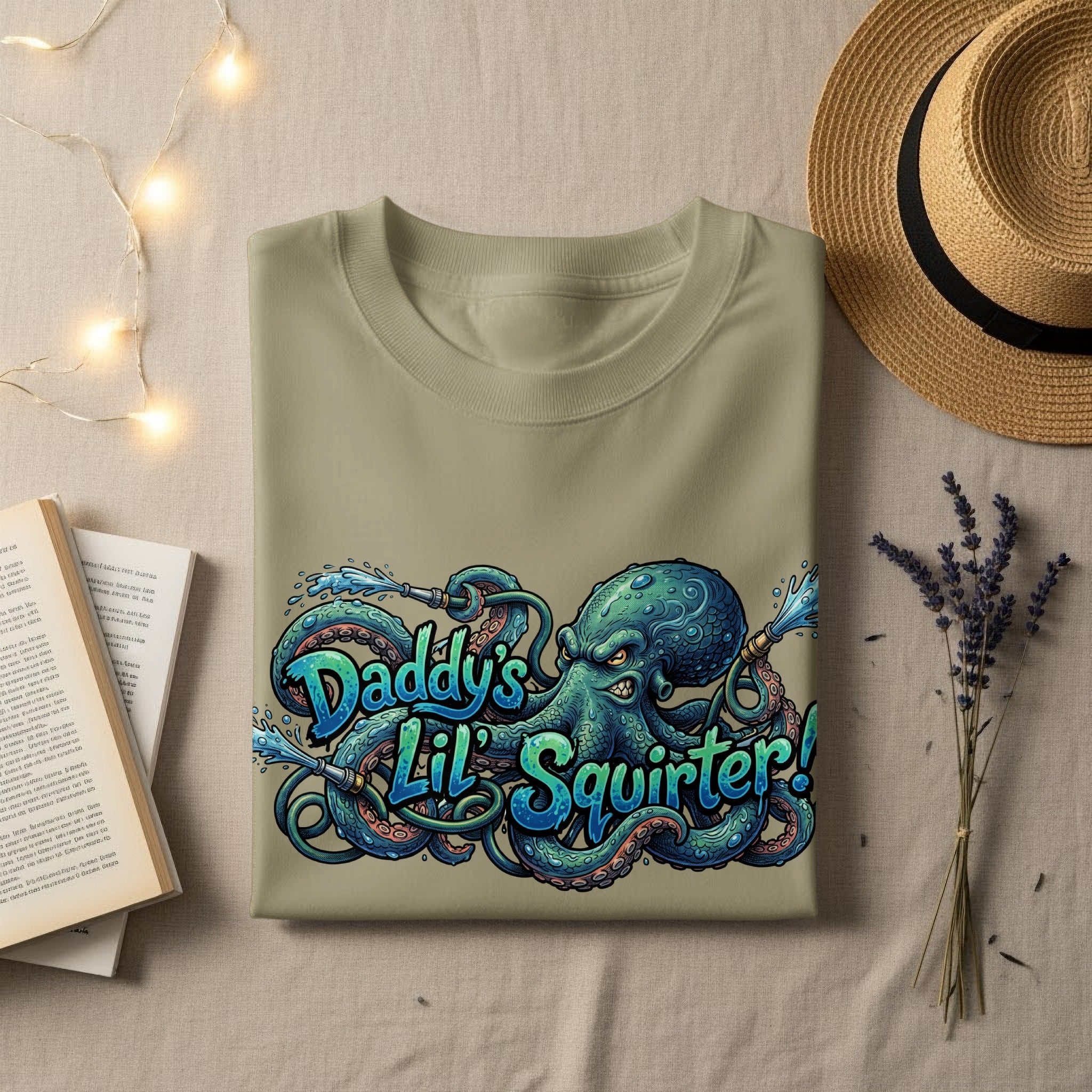 Light khaki t-shirt with "Daddy's Lil Squirter!" text and a cartoon octopus.