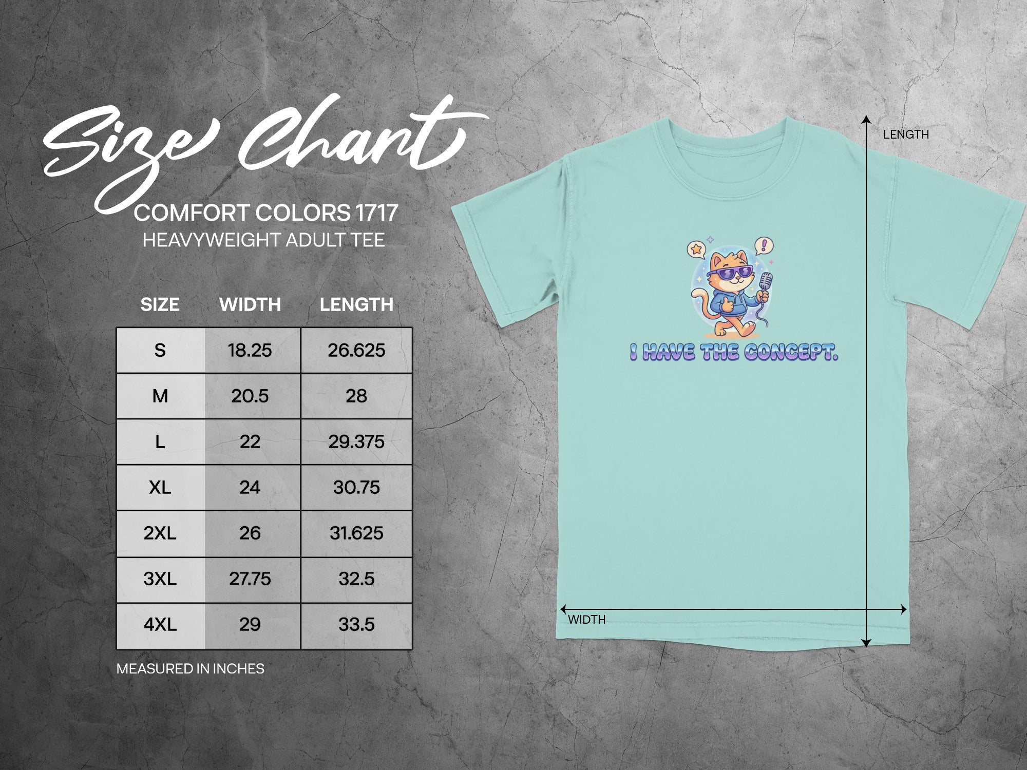 Comfort Colors 1717 size chart for heavyweight adult tee with measurements.