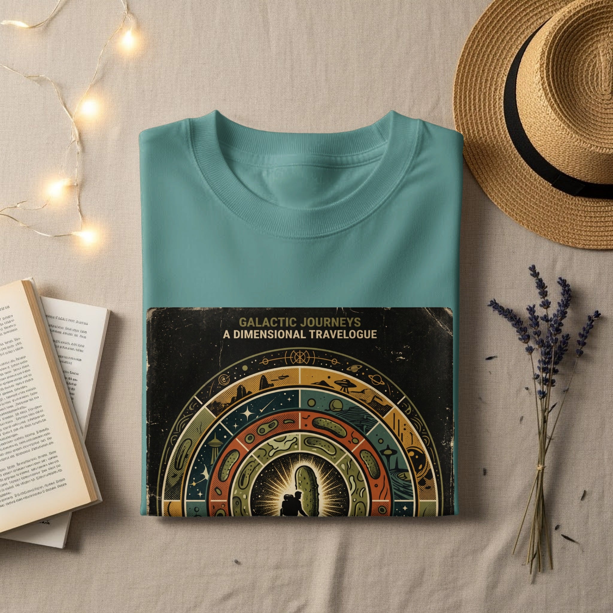 Teal t-shirt with "Galactic Journeys" book featuring cosmic illustrations.