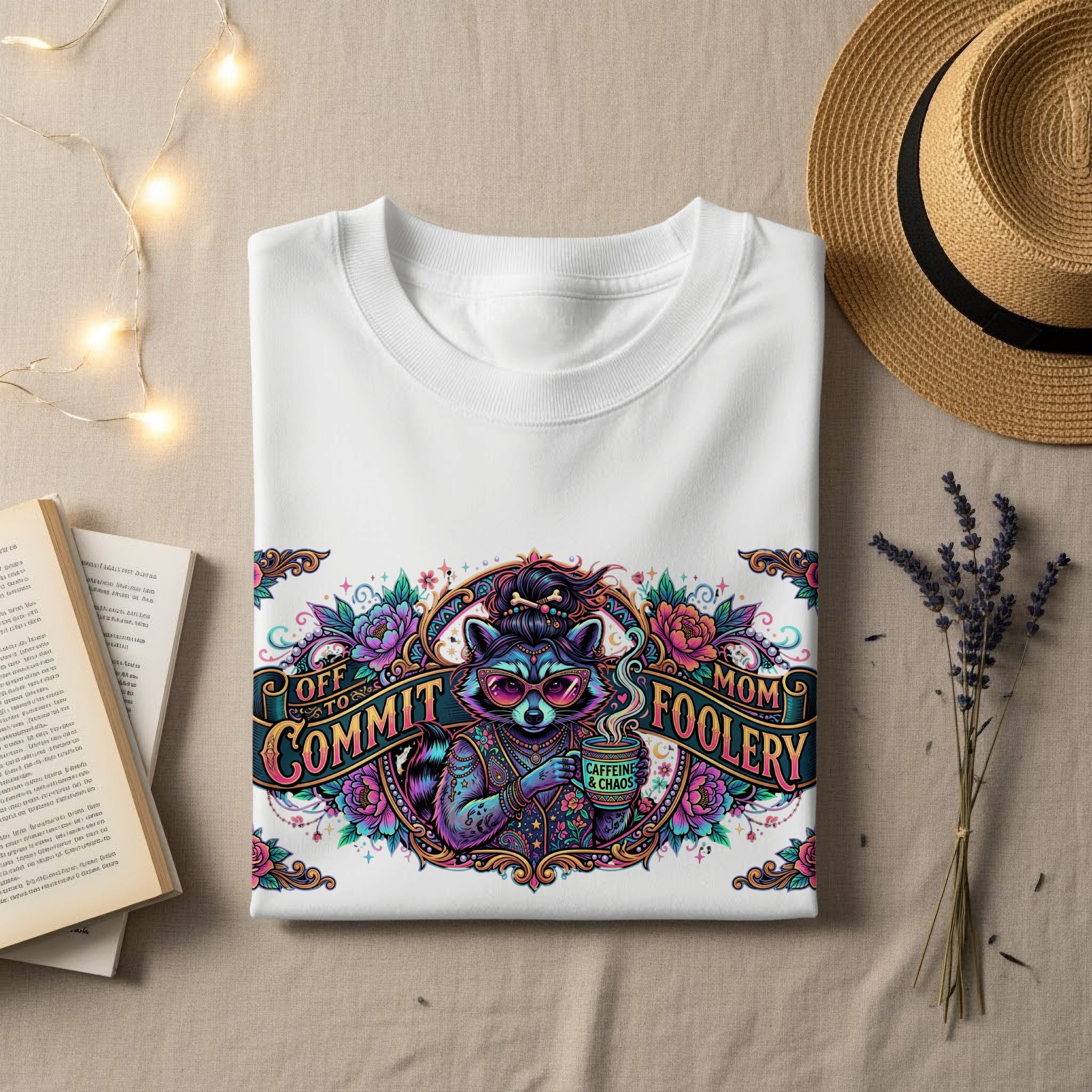 White t-shirt with colorful raccoon graphic and "Off to Mom Foolery" text.