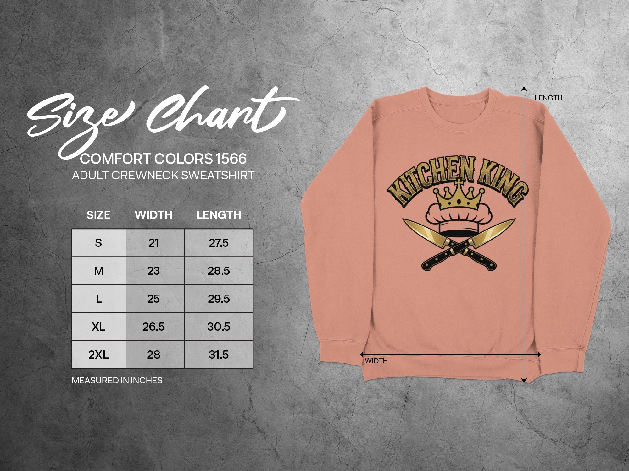 Size chart for Comfort Colors 1566 adult crewneck sweatshirt with measurements.