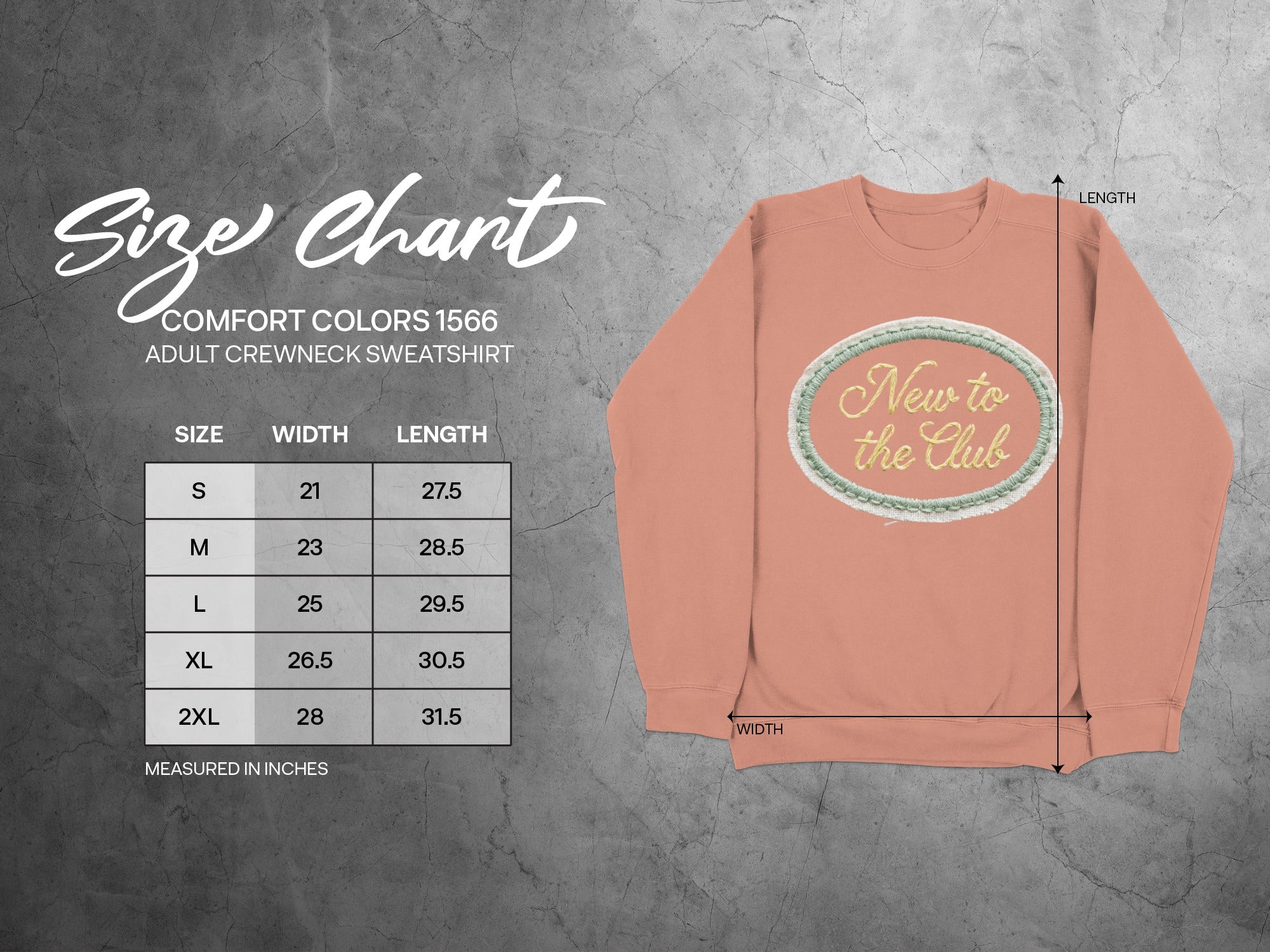 Comfort Colors 1566 adult sweatshirt size chart with embroidered "New to the Club" graphic.