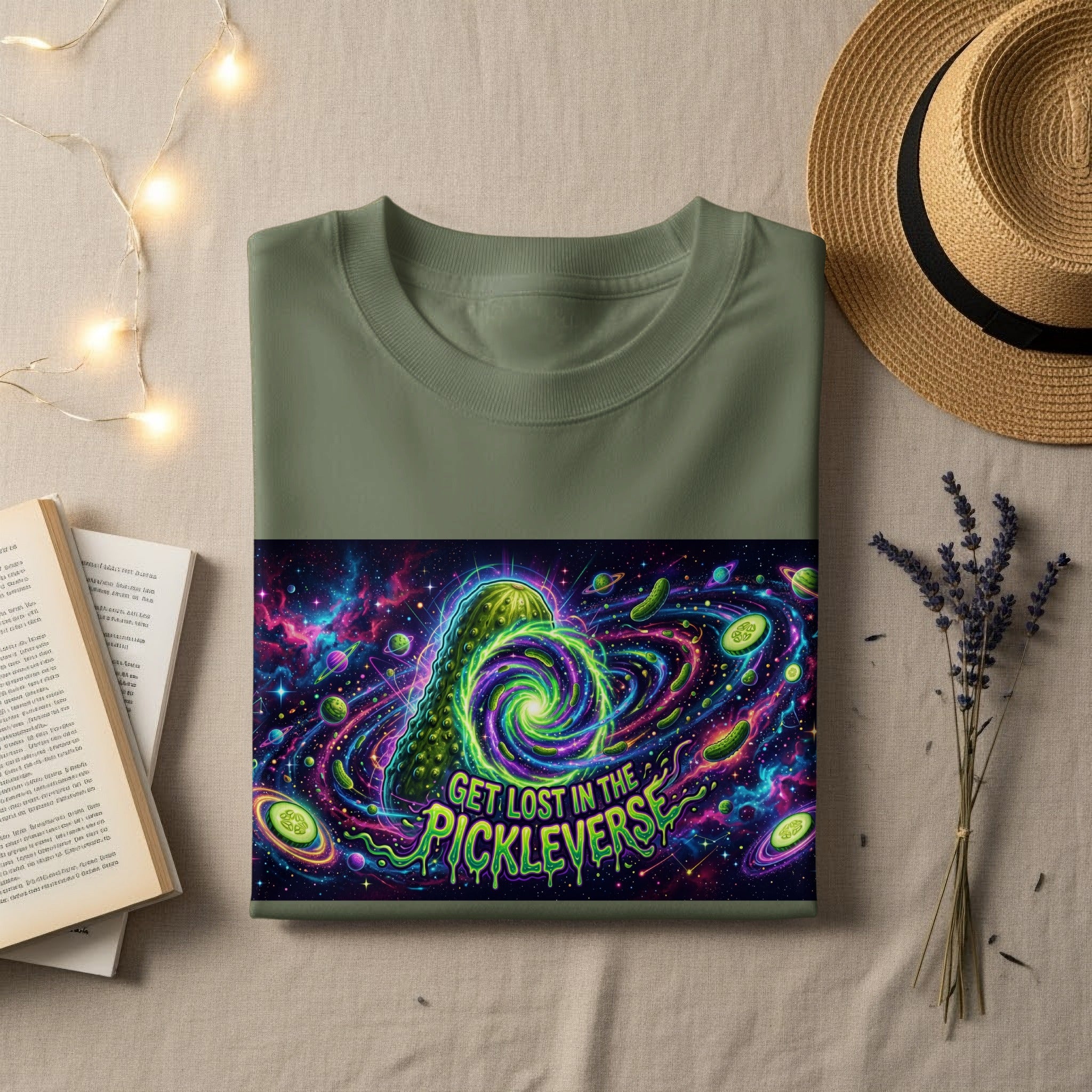Green t-shirt with "Get Lost in the Pickleverse" graphic.